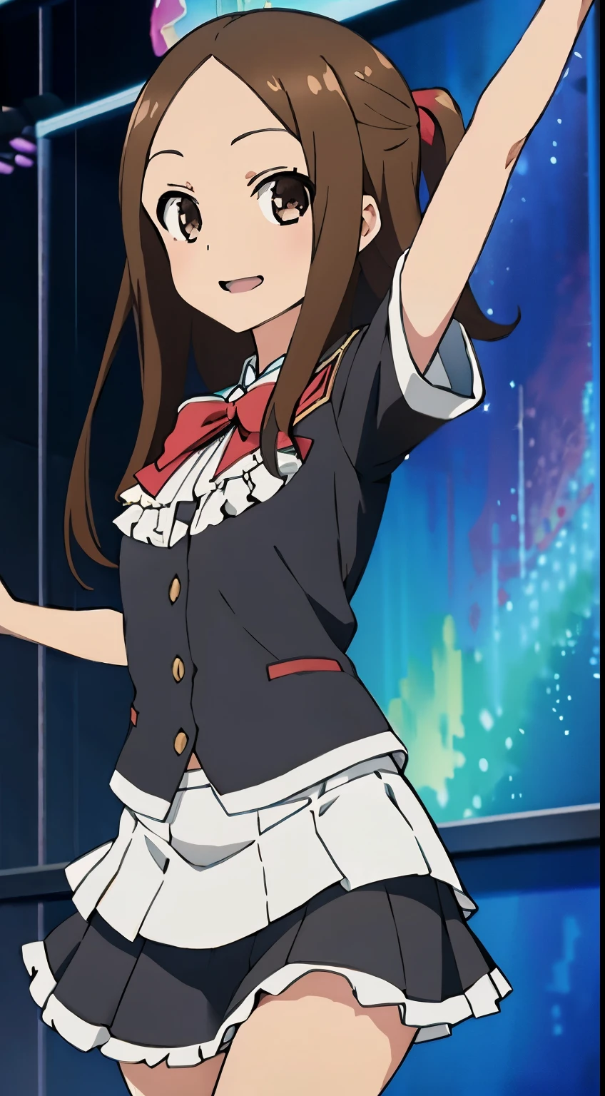 (Realistic),(Realistic),Takagi_Mr. Miss., Height 155 cm,One Girl, ,Long Hair,Brown Hair, Parted bangs, Brown eyes,Idol,Idol衣装,((costume with frills)),,(Provocative smile), whole body, (((dance))),Extremely exciting,highest quality, (colorful), Ray Tracing,Highly detailed CG Unity,8k wallpaper,((The background is the live stage,たくMr. Miss.のステージ照明, fantastic)).