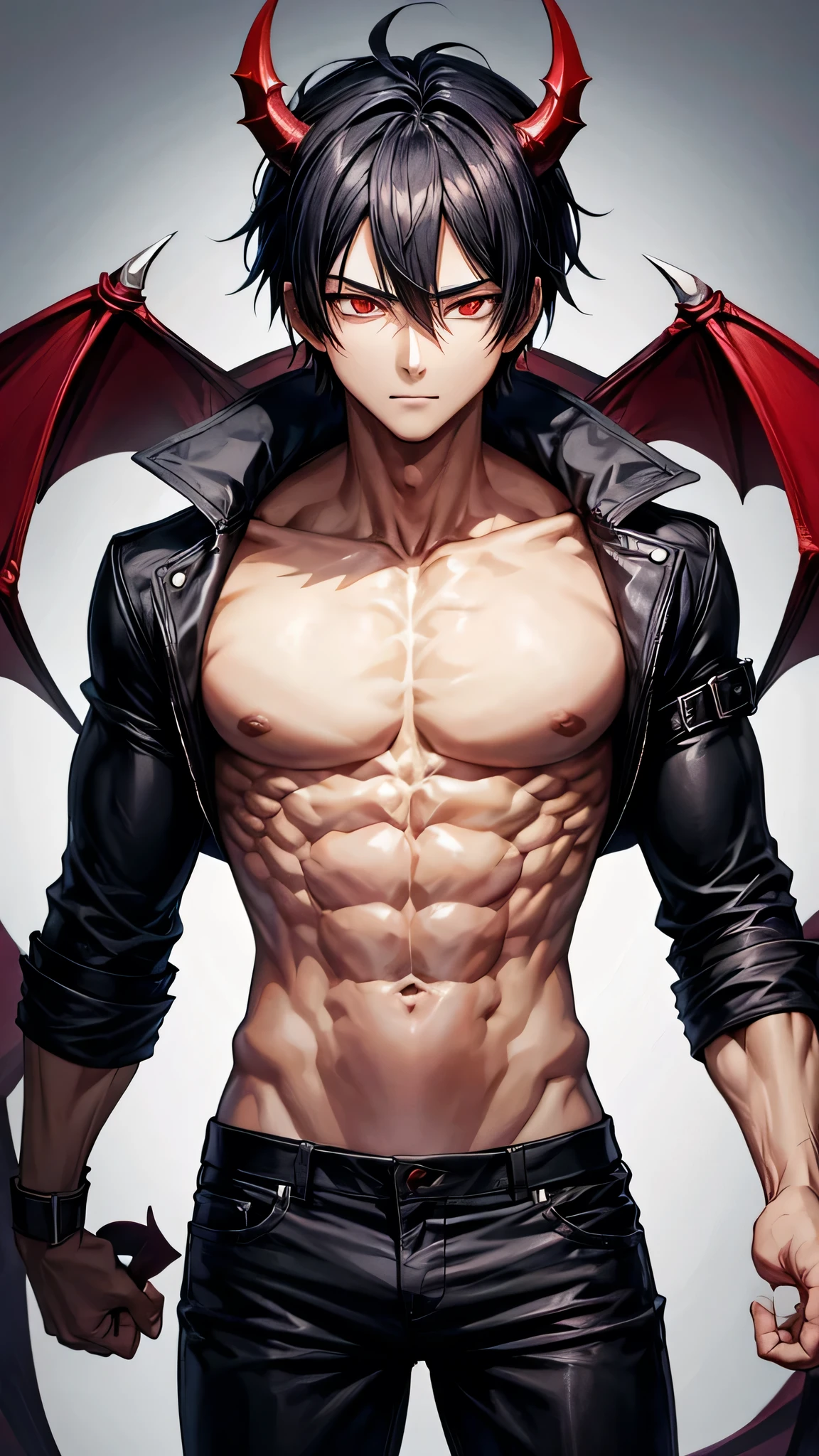 Anime guy shirtless demon with black hair and red eyes 6 pack abs 