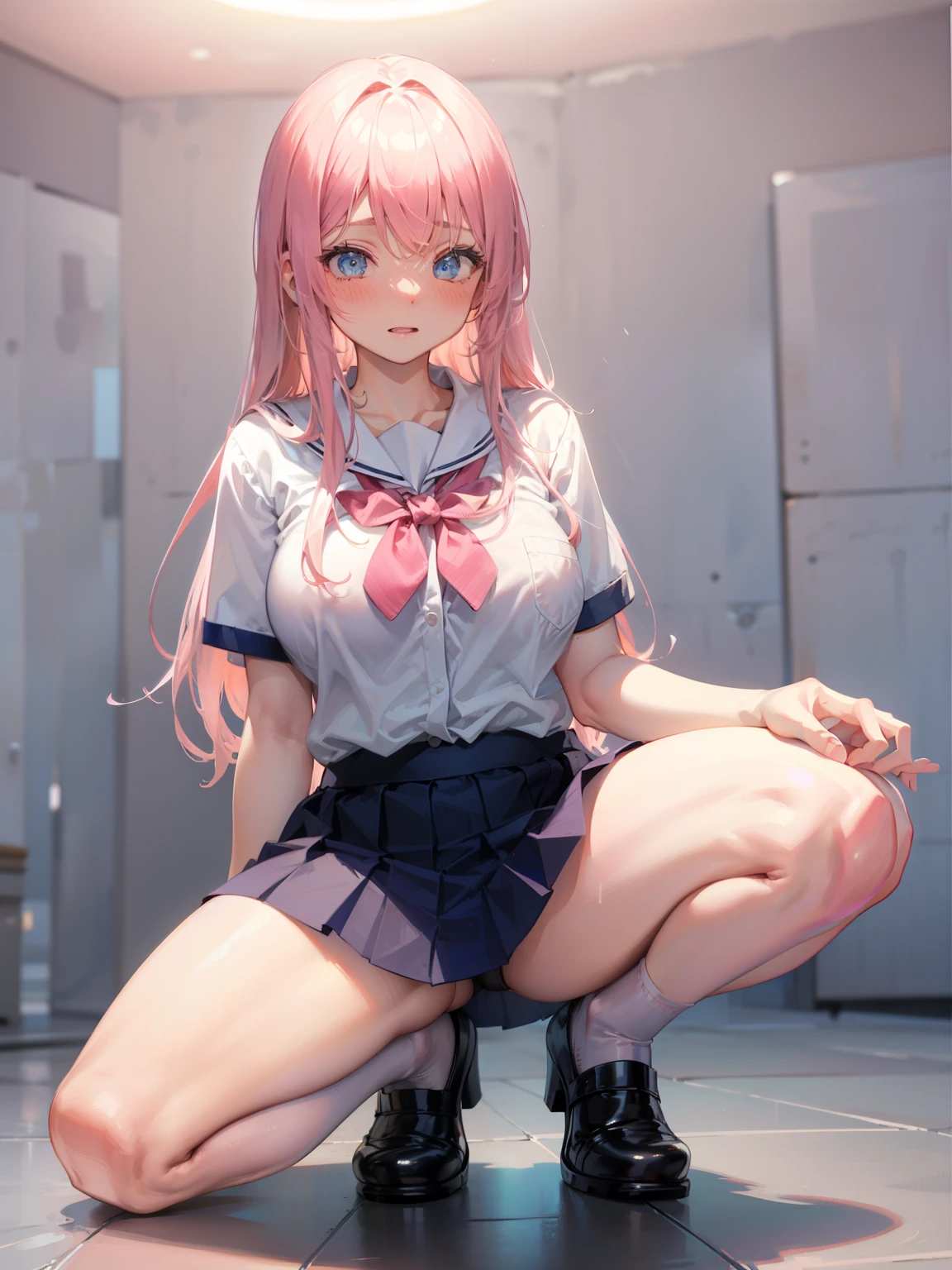 youg girl, Pink hair, blue eyes,with blush cheeks,Show Legs, large full ???????,(full-body view), Pretty Face, Shy, embarrassed, school shirt and skirt, (empty background), ?????? posing,Dynamic posing,Arrange pose,dramatic, on her knees