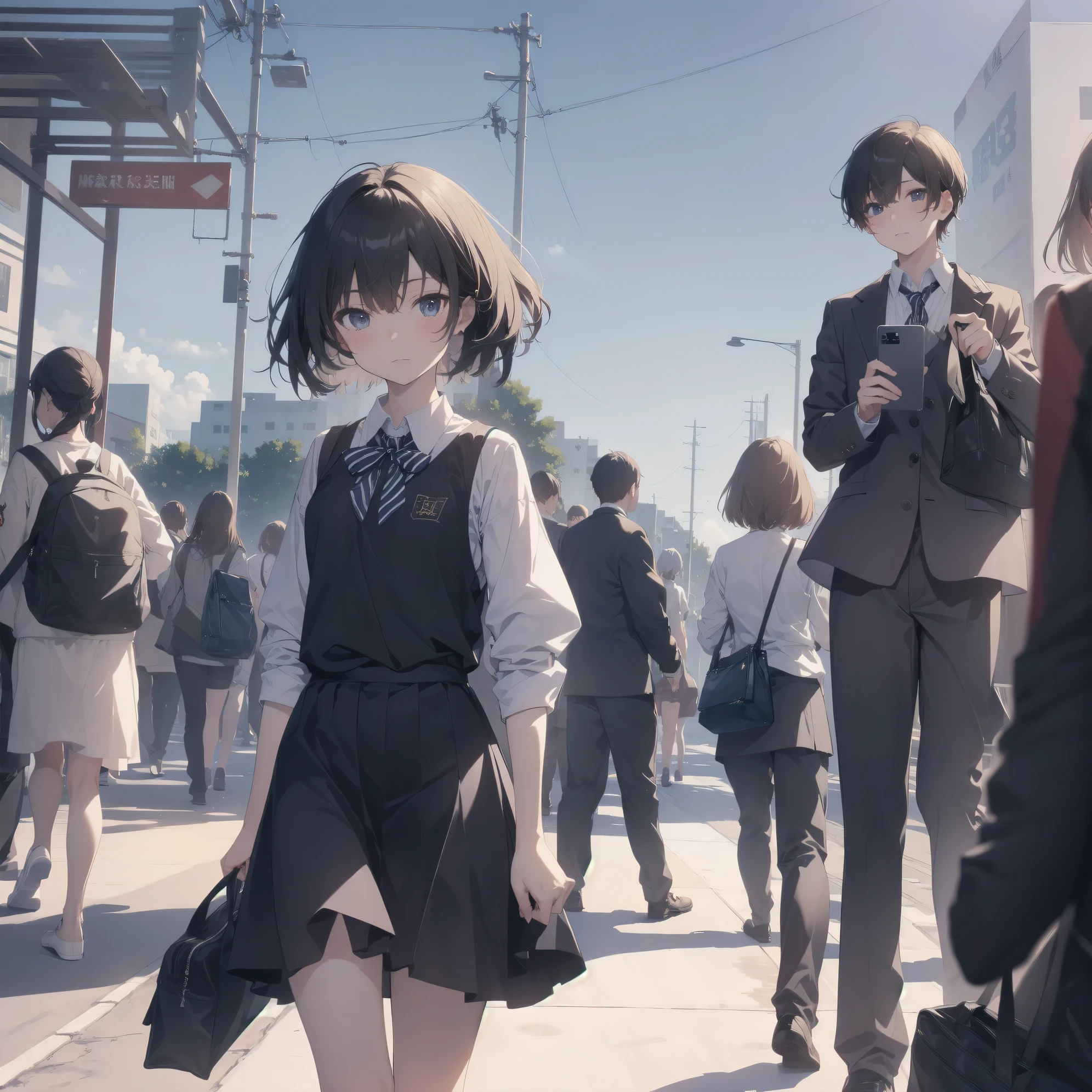 ultra-absurdres-Top quality by artist God, ultra-detailed, high resolution, anime moe artstyle, best anime 8k konachan wallpaper, pixiv contest winner, pool:2810, perfect anatomy,break, 1girl, (Please draw a girl walking sleepily to school alone. )break,(Solo,little female, 13-year-old:1.3),Full limbs, complete fingers,a junior high school student,  (very short hair), short cut, flat chest, , small butt, small black eyes, beautiful detailed eyes, well-proportioned iris and pupils, expressive eyes, highres detailed hair, soft expression, school_uniform, bowtie, collared shirt.  pleated skirt,(Detailed Lighting), (Detailed background), in the School commute route. break,super detailed skin, Best cinematic lighting powered by famous artist, 8k,beauty illustration,photoshop_(medium),very aesthetic,break,((artist:ningen mame )), artist:bolze ,artist:oyari ashito ,artist:kantoku ,