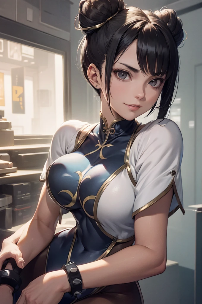 solo, masterpiece, best quality, agrias, grey sweater, black leotard, standing, looking at viewer, short hair,oculos,evil smile, evil look,chun li,luvas preta,roupa azul,yandere rosto,low lighting,coxa sarada copo detalhado,olhando para frente,cidADE A NOITE