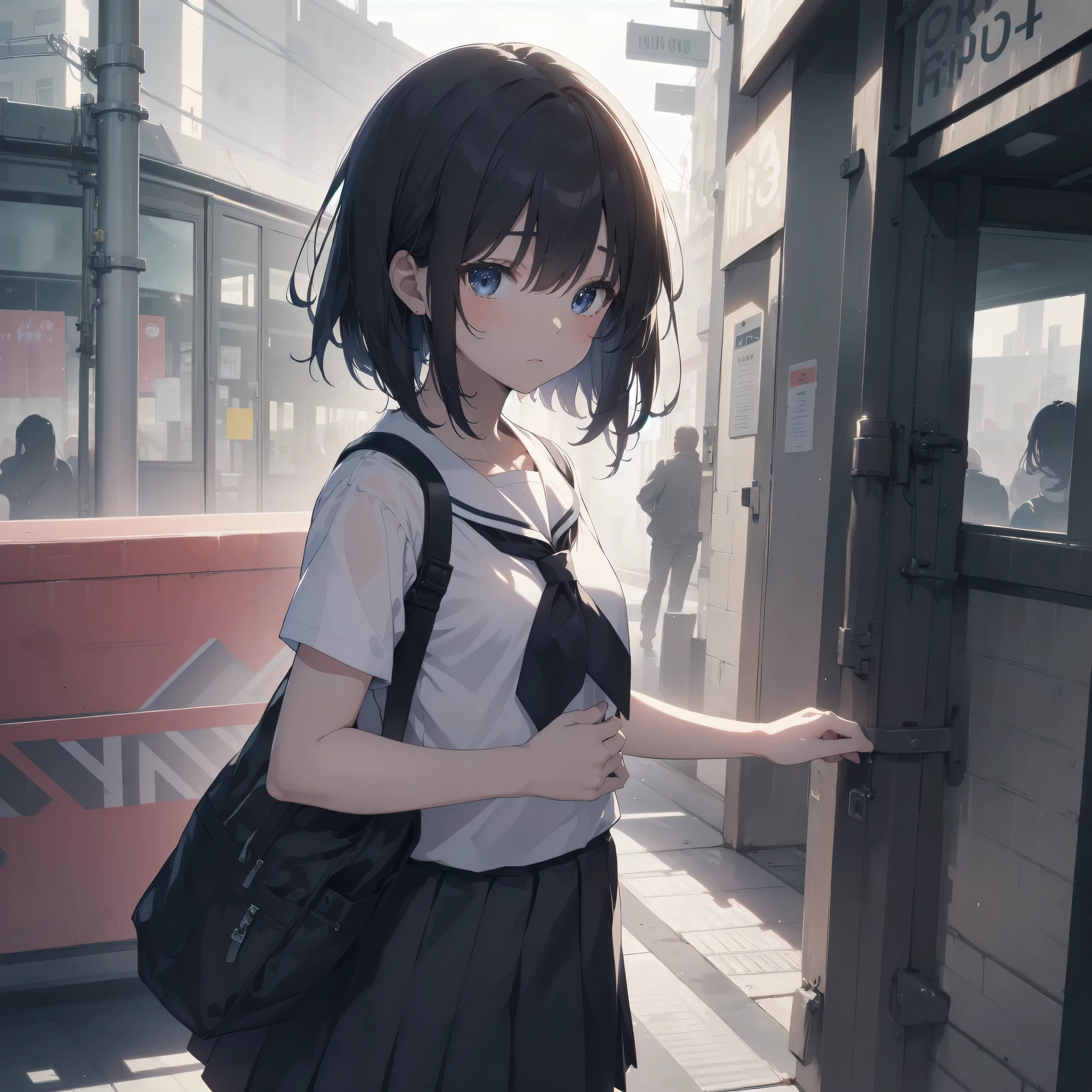 ultra-absurdres-Top quality by artist God, ultra-detailed, high resolution, anime moe artstyle, best anime 8k konachan wallpaper, pixiv contest winner, pool:2810, perfect anatomy,break, 1girl, (Please draw a girl walking sleepily to school alone. )break,(Solo,little female, 13-year-old:1.3),Full limbs, complete fingers,a junior high school student, (very short hair), short cut, flat chest, , small butt, small black eyes, beautiful detailed eyes, well-proportioned iris and pupils, expressive eyes, highres detailed hair, soft expression, school_uniform, serahuku, neckerchief, shirt, short sleeves, pleated skirt,(Detailed Lighting), (Detailed background), in the School commute route. break,super detailed skin, Best cinematic lighting powered by famous artist, 8k,beauty illustration,photoshop_(medium),very aesthetic,break,((artist:ningen mame )), artist:bolze ,artist:oyari ashito ,artist:kantoku ,