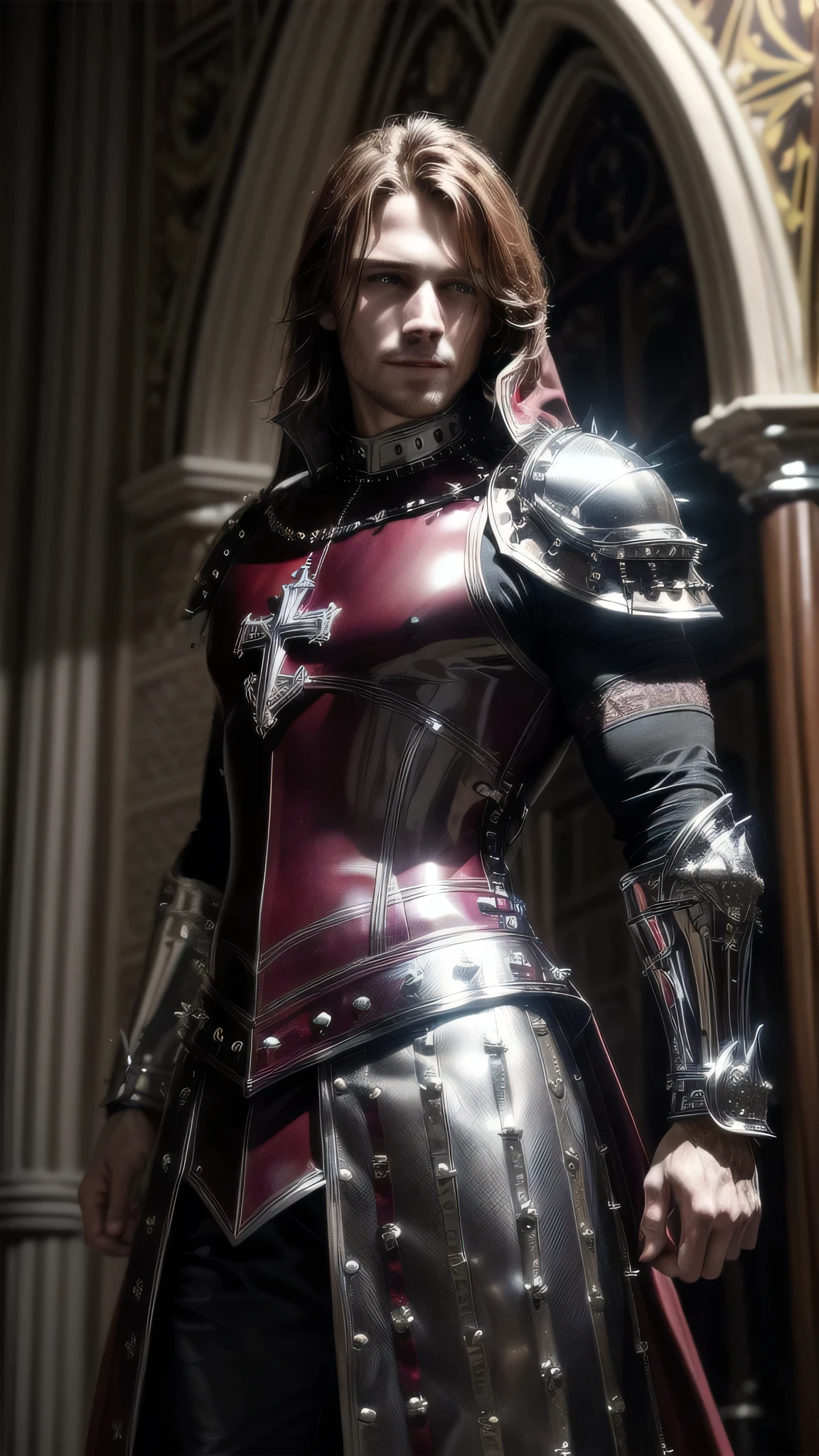 (masterpiece), (extremely intricate:1.3), (realistic), portrait man (((medieval paladin, (((lacquered reflective maroon white armor:1.4, cleric, holy symbol, ((chrome rivets), deadly, muscular, masculine, male))), photorealistic, hyper-realistic, smiling, wind blown blowing straight [dark hair:ginger hair:0.5]), tattoo:0.9)), indoor, stained glass, medieval church, intense sunlight, professional photograph, detailed), ((dynamic pose)), sharp focus, dramatic, award winning, cinematic lighting, volumetrics dtx, (film grain, blurry background, blurry foreground, bokeh, depth of field, interaction), 8K