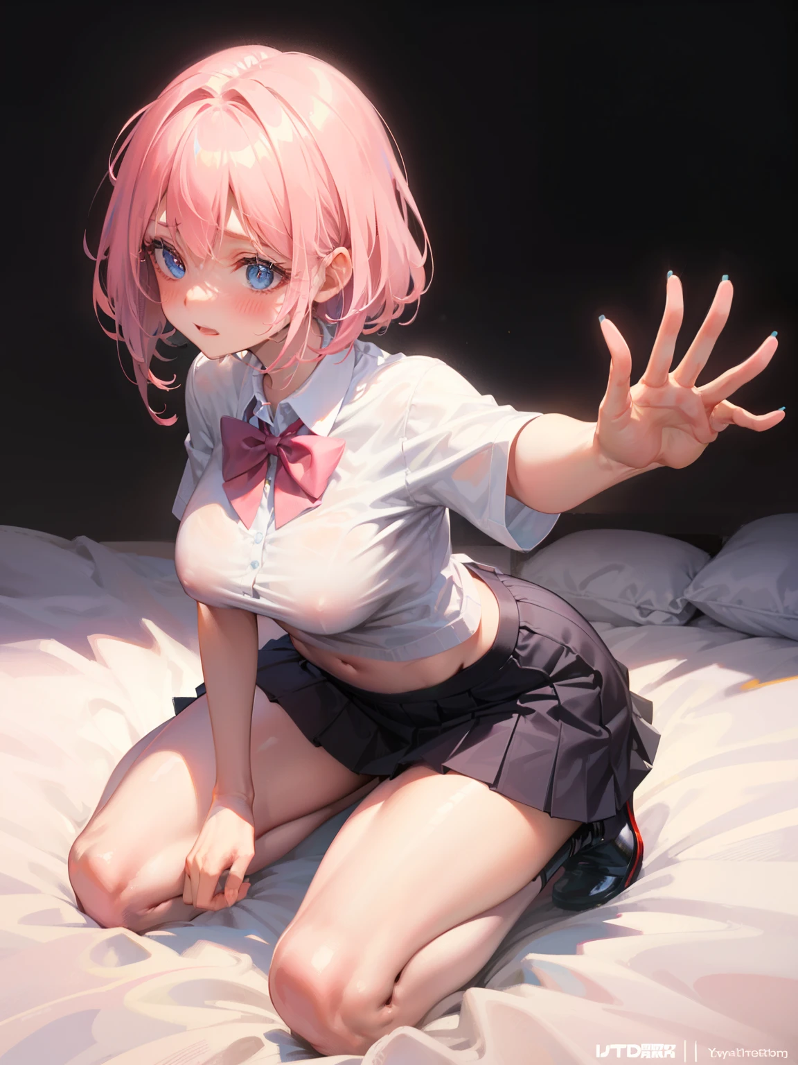 youg girl, long Pink hair, blue eyes,with blush cheeks,Show Legs, large full breasts,(full-body view), Pretty Face, Shy, embarrassed, school shirt and skirt, (empty background), erotic posing,Dynamic posing,Arrange pose,dramatic, on her knees