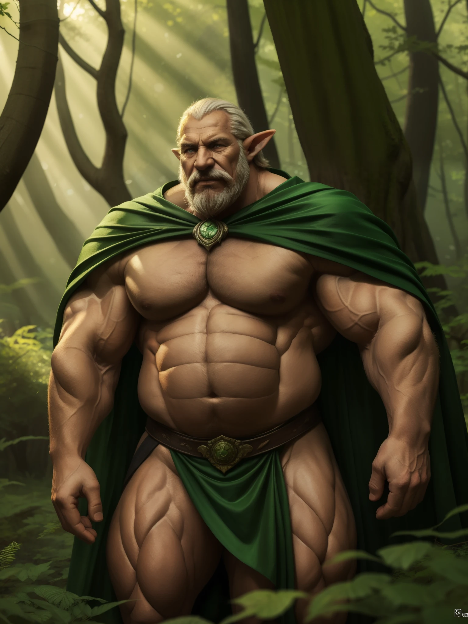 (best quality,4k,8k,highres,masterpiece:1.2),ultra-detailed,(realistic,photorealistic,photo-realistic:1.37),huge muscular elf in ancient forest,old,old man,muscular,[ancient forest],[moss-covered ground],[majestic trees],mysterious fog,AncientElvenArmor,enchanted glowing sword,aged face with long white beard and wrinkles,wisdom in the eyes,serene expression,cape flowing in the wind,sunlight filtering through the branches,evokes a sense of magic and tranquility,portraits,green color palette,soft lighting