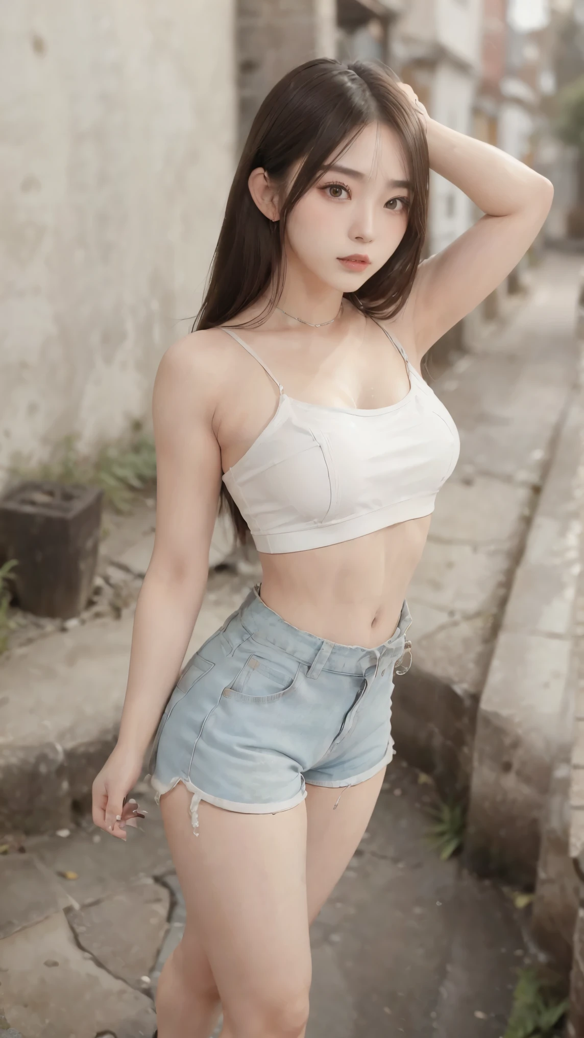 (Genuine, High resolution:1.3)、((High Reality, 8k, masterpiece: 1.3)), ((Very detailed)),(Realistic:1.2),8k,(High resolution),(Written boundary depth:1.2),(Written boundary depth:1.3), (highest quality:1.0), (Very detailed CG 8k 壁紙), (超A high resolution:1.0),concentrate: 1.2, Perfect body beauty: 1.4, Hip: 1.2, (Layered Haircut: 1.2)), (Dark Street: 1.3), Very detailed顔と肌の質感, Delicate eyes, double eyelid, White skin, Long Hair, (Round face: 1.5), (loose crop top, Shorts: 1.6)、(Very delicate and beautiful), (Tabletop), Beautiful lighting ,Perfect Lightning, Genuine影,Detailed skin, Very detailed (((colorful))),(Amazing photos of beautiful Japan women),(Character Focus),Perfect Anatomy,(Professional Lighting),
(One Girl),(young),(Raise your arms),
View audience,(walking),
((Beautiful details)),(thin顔:1.2),Thick eyebrows,(Drooping eyebrows),((Glasses))、(We say:1.2),(Blue Eyeshadow),Big eyes,(Brown eyes:1.3),((Big Breasts))、(smile),blush,(非常にDetailed skin),
(Lips parted:1.1),(Lips become thicker:1.2),(Glossy Lips),(lipstick)、Braiding,(black medium hair),(Let's grow your hair back),((Wide forehead)),(thin:1.2),
(Ideal body type:1.1),(Tall body:1.2),Attractive thighs,Attractive waist circumference,
(Flat Chest:1.35), ( Visible through clothing),(Muscular:1.25),(Skin-tight clothing:1.3),
(ハイカットデニムShorts:1.4),(White tube top:1.3),Looking at the camera, Cowboy Shot, look forward to, Standing posture, Contrasting, Dynamic Lighting,