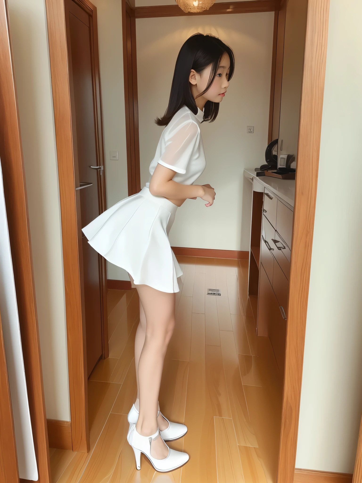 ((Full body:1.2,Voyeur from the side:1.2,from a distance:1.2)),3 Japanese girls,kneeling,arms behind back,blushing and embarrassed face,summer casual style,See-through white blouse,See-through white flare skirt,white choker,See-through white Panty,white high heels,slim body shape,from below,realistic,best quality,ultra-detailed,high resolution,beautiful white skin,looking at another,flooring room