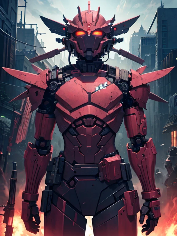 masterpiece、highest quality、High resolution、Very detailed、Medium wide shot、Cowboy Shot、robot、Breaking、A body made of junk、scrap、Glowing Eyes、Future City、