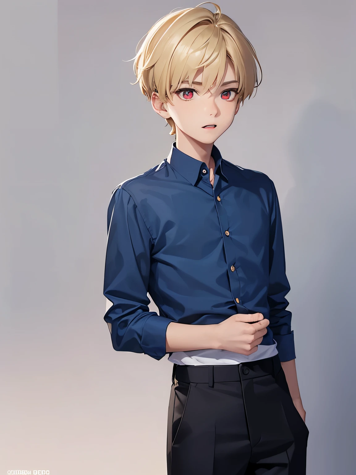 1boy,handsome,,Standing,looking away,Facing right,visible teeth,,half body photo,Perfect face, HD face, ultra detailed face, short hair,two block hairstyle, blonde hair,blue shirt, top buttons open, long sleeve shirt,, black trousers, bright red eyes,ultra detailed, ultra HD