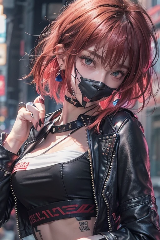 Sleeveless、The tattoo、bright red、Really red、Red、Red-haired、rot、red hairs、head phone、🎧、goth_punk, 1girl in, solo, medium shot, Walking in Harajuku, ((during night)), bokeh dof, Neon light, Iridescent eyes, starrysky, red glowing hair, Black eyebrows, Radiant hair, (iridescent red hair), earrings, bangles, jewely,blunt bangs, green eyes, Mouth mask, blurry background, blurry, hair adornments, Look at viewers, short hair, portraitures, (Portrait), (Aesthetic), (Beautiful), (upper body), (High quality), (aesthetic clothings), (professional angle), (thirds rule), (Feminine), (Woman), (Female), (Beautiful),(Feminine features), (25-years old), Solo, 1 woman, (Charming punk girl), Winters, Dramatic light, ((Playing guitar)), (Standing), Edgy makeup, (Small bust), ((electric guitar)), (Front face), (Defiant expression), ((defiance)), (Leather jackets and tattoos), ((Short hair)), (dyed (E.G. and pinks) hair), (spiky hair), (Thick hair), Matte Shine Hair, (Hair bands scattered in the hair), (Green eyes), (Bold and bold look), (pale skin), (Dark clothes), (Band T-shirt), (Ripped jeans), (-), crew neckline), ((Urban alley background)), (up close shot), Beautiful hands, Two hands, normal hands, Two arms, complete hands, Beautiful body, Beautiful fingers, normal fingers, Five Fingers, Five Fingers, (Thumb index finger ring finger), Beautiful ears, normal ears, Beautiful eyes, shiny eyes, Beautiful mouth, Beautiful lips,