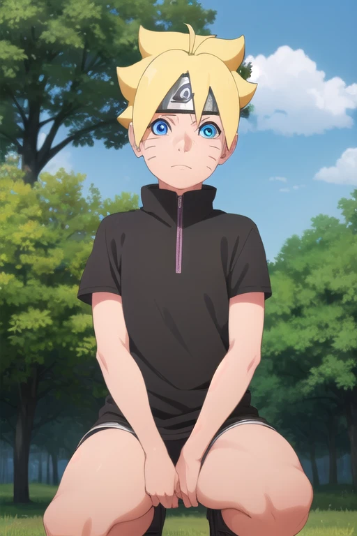 Borutouzumaki, Boruto Uzumaki, short hair, Blue eyes, Blonde hair, Male focus, mark on face, spiky hair, mustache markings, forehead protector,
outdoors, the forest, nature, trees, grass, sky, clouds, Sun,
BREAK looking at viewer, (cowboy shot:1.5),
BREAK (masterpiece:1.2), Best quality, a high resolution, unity 8k wallpaper, (illustration:0.8), (Beautiful detailed eyes:1.6), very detailed face, Ideal lighting, extremely detailed computer graphics, (Perfect hands, Ideal Anatomy), nude, spread legs, squatting, shy, 8k quality,