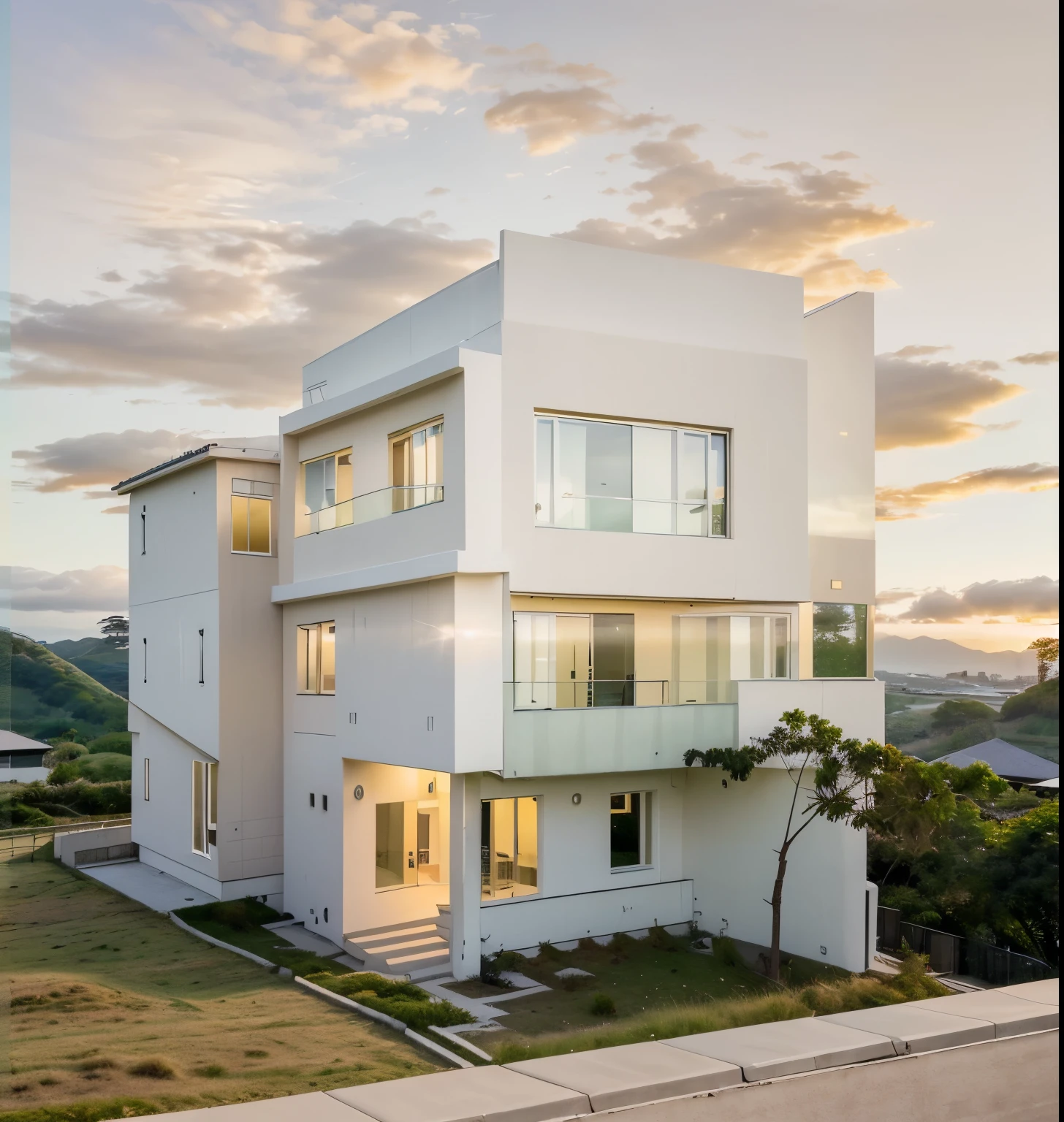 in the morning, sunrise, contemporary house exterior, beige and white mix together, glass door and window, large span balcony, on grassland, hillside, tropical landscape, masterpiece, high quality, ultra hd,