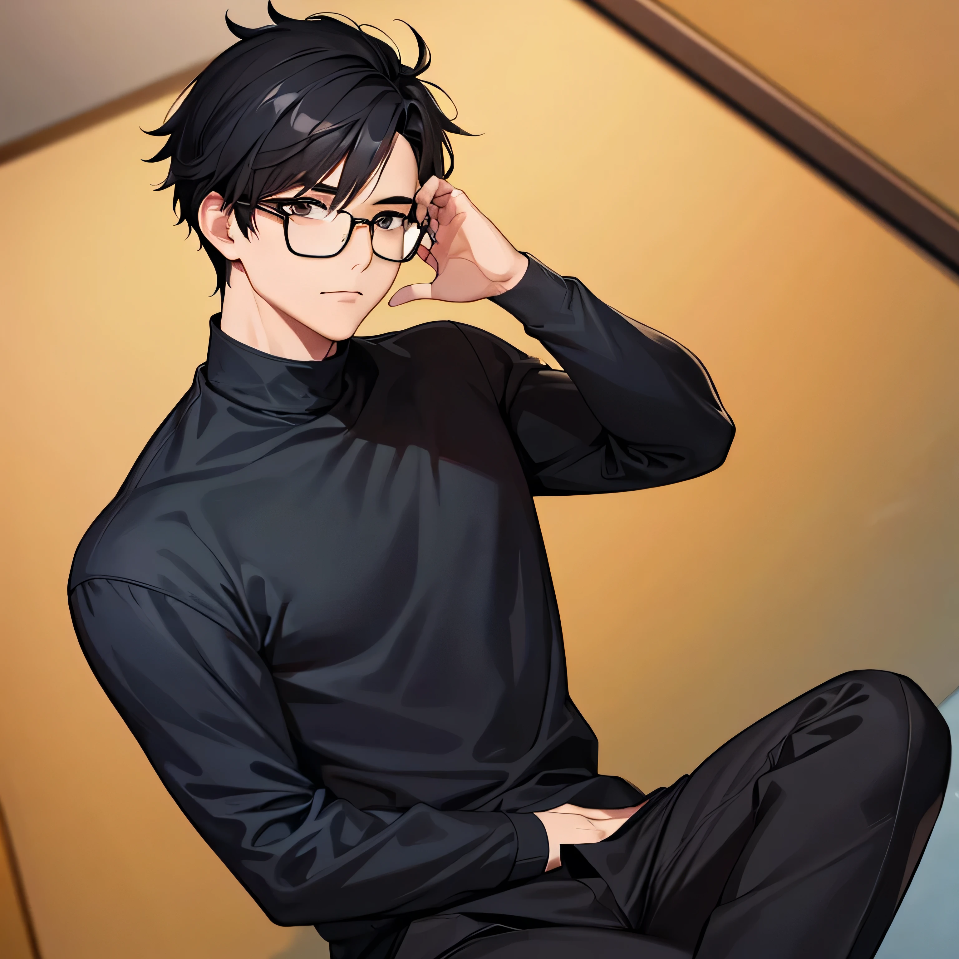 an Asian man, black turtleneck, glasses, black hair, perfect, facing forward, masterpiece, five fingers