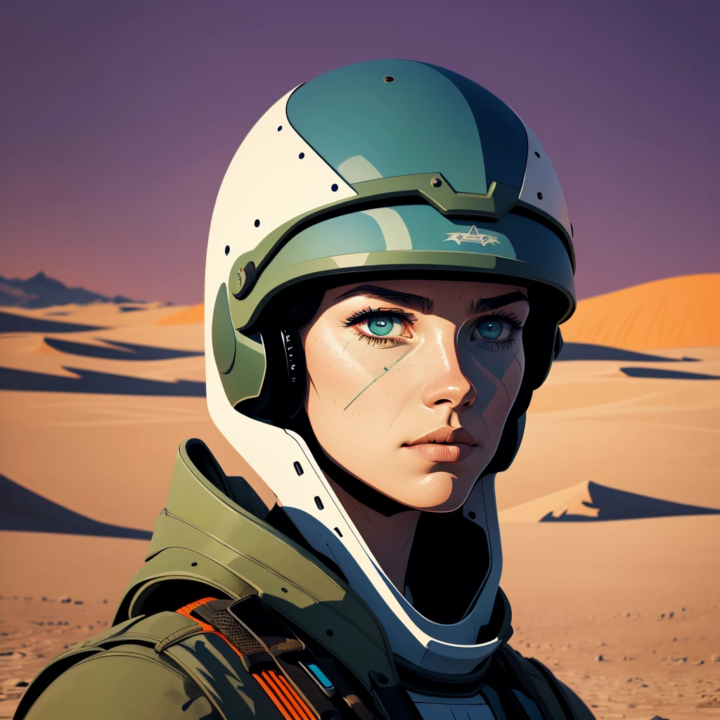 A striking and conceptual close-up portrait illustration of a futuristic military woman, dressed in pristine white gear, standing alone in a desolate, post-apocalyptic desert landscape. The illustration, reminiscent of Moebius and J.A.W Cooper's styles, showcases a color palette of creams, olive greens, oranges, and blues. The character's intricate, detailed linework contrasts against the backdrop of a graffiti-filled environment. The cinematic scene captures a dark fantasy atmosphere, evoking both vulnerability and strength in the face of despair., cinematic, illustration, graffiti, dark fantasy, conceptual art