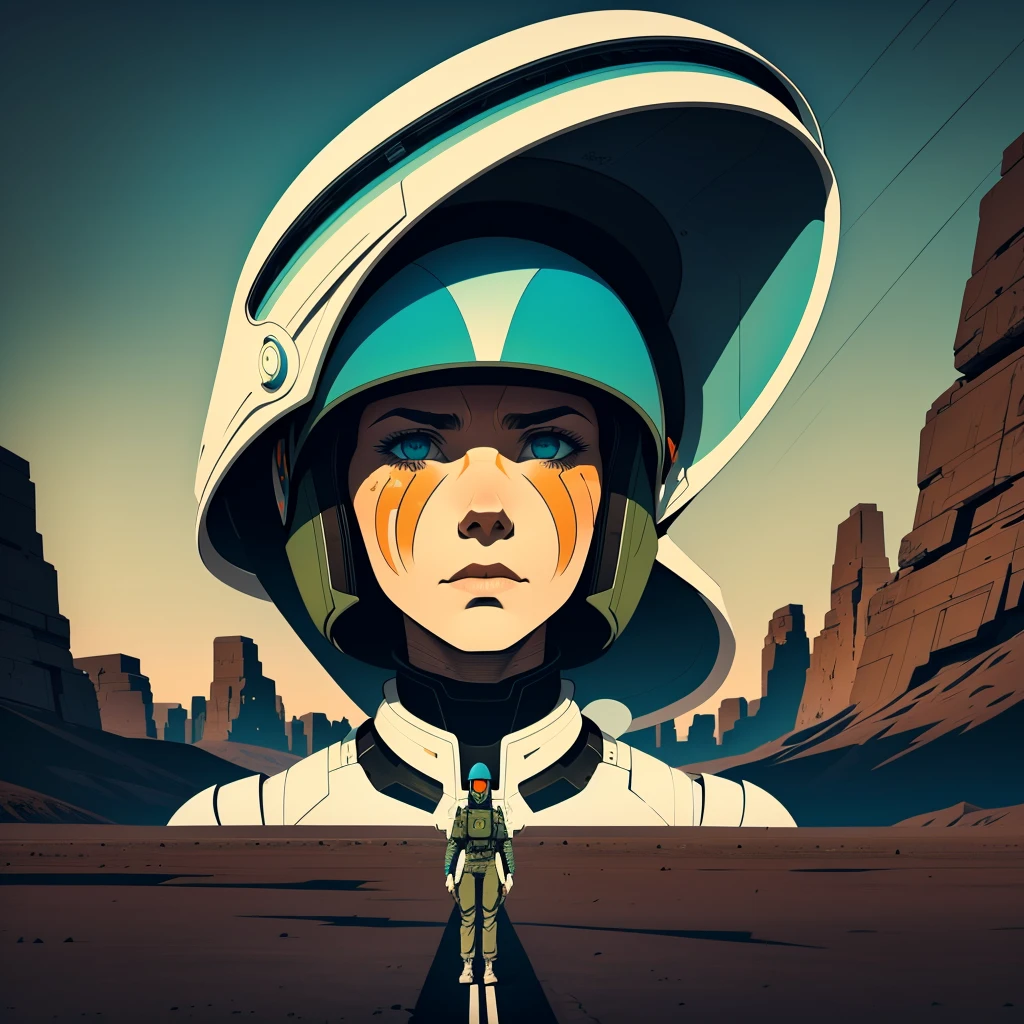 A striking and conceptual close-up portrait illustration of a futuristic military woman, dressed in pristine white gear, standing alone in a desolate, post-apocalyptic desert landscape. The illustration, reminiscent of Moebius and J.A.W Cooper's styles, showcases a color palette of creams, olive greens, oranges, and blues. The character's intricate, detailed linework contrasts against the backdrop of a graffiti-filled environment. The cinematic scene captures a dark fantasy atmosphere, evoking both vulnerability and strength in the face of despair., cinematic, illustration, graffiti, dark fantasy, conceptual art