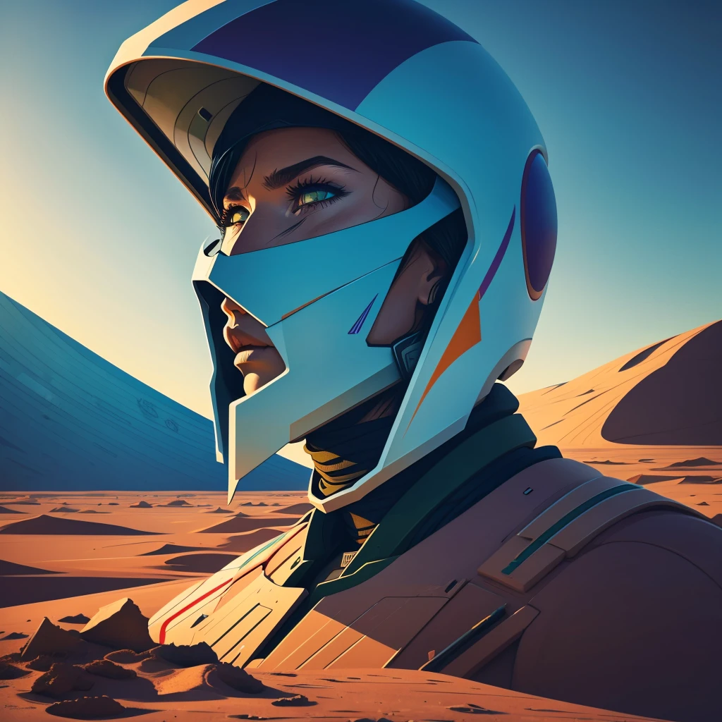 A striking and conceptual close-up portrait illustration of a futuristic military woman, dressed in pristine white gear, standing alone in a desolate, post-apocalyptic desert landscape. The illustration, reminiscent of Moebius and J.A.W Cooper's styles, showcases a color palette of creams, olive greens, oranges, and blues. The character's intricate, detailed linework contrasts against the backdrop of a graffiti-filled environment. The cinematic scene captures a dark fantasy atmosphere, evoking both vulnerability and strength in the face of despair., cinematic, illustration, graffiti, dark fantasy, conceptual art