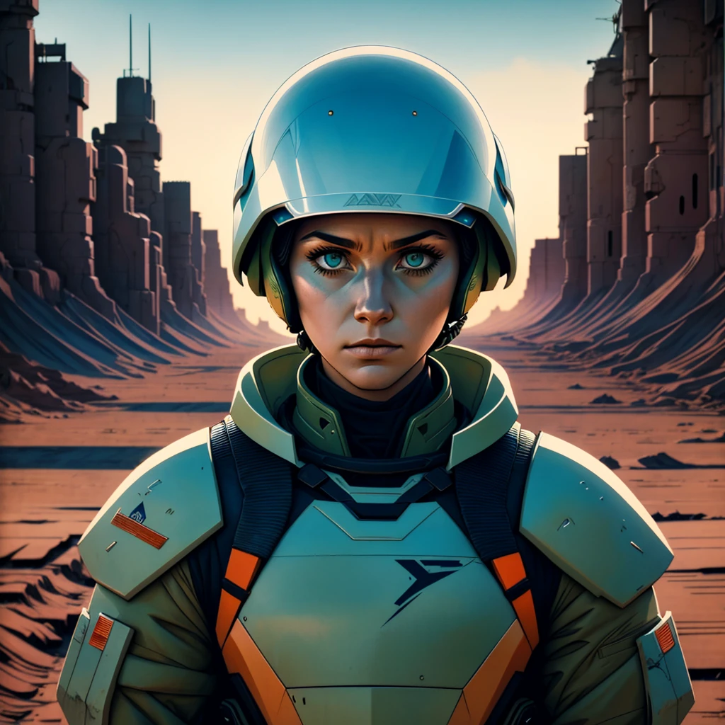 A striking and conceptual close-up portrait illustration of a futuristic military woman, dressed in pristine white gear, standing alone in a desolate, post-apocalyptic desert landscape. The illustration, reminiscent of Moebius and J.A.W Cooper's styles, showcases a color palette of creams, olive greens, oranges, and blues. The character's intricate, detailed linework contrasts against the backdrop of a graffiti-filled environment. The cinematic scene captures a dark fantasy atmosphere, evoking both vulnerability and strength in the face of despair., cinematic, illustration, graffiti, dark fantasy, conceptual art