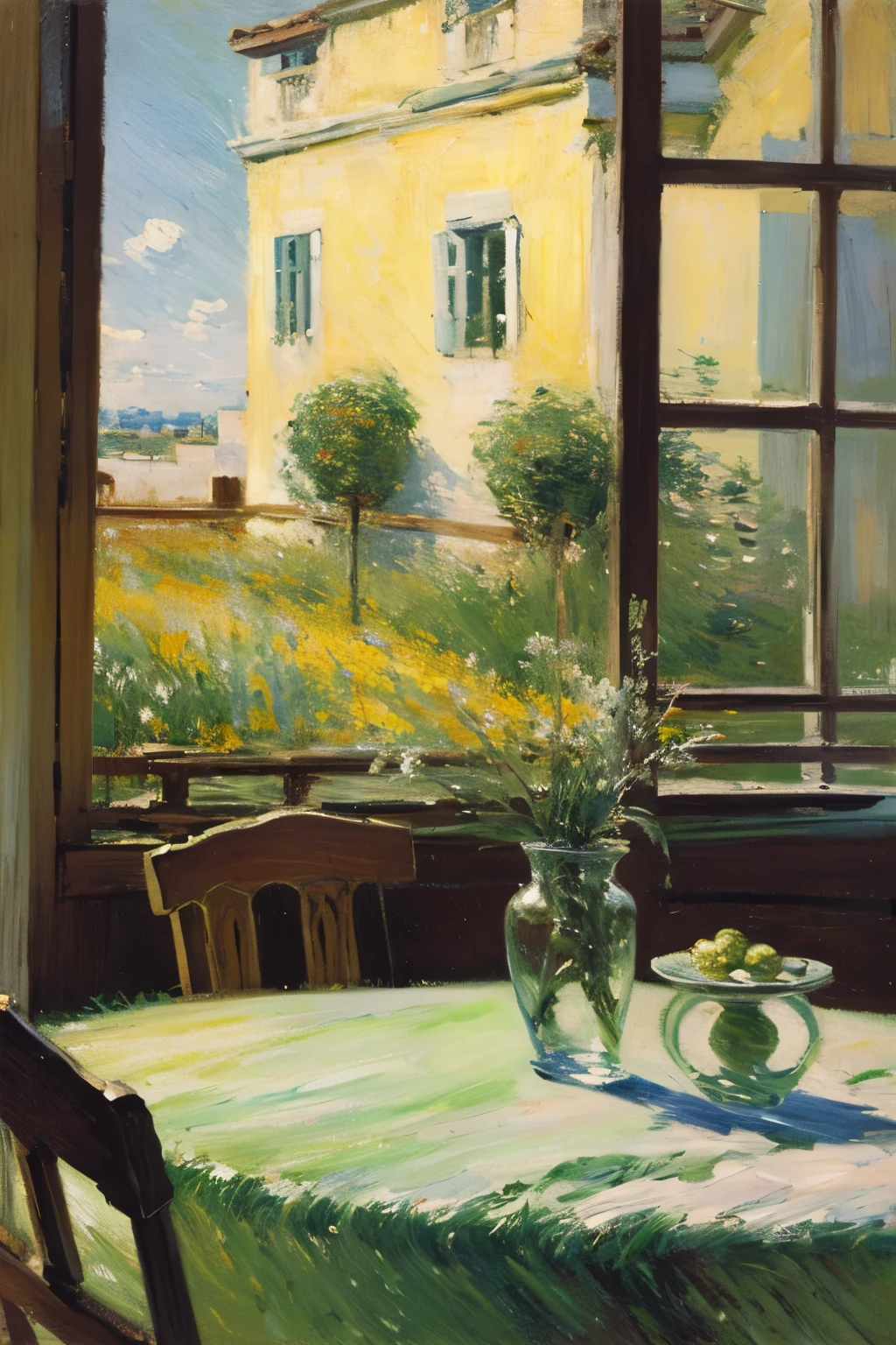 (Masterpiece:1.2), (best quality:1.2), (super high resolution:1.2),
A girl in a white/yellow dress is sitting by the window, holding her chin with one hand, looking out the window, wooden table, wooden chair, tablecloth, window, fluttering curtains, outside the window is a golden rice field, swallows are flying over, table There are several books, pen holders, vases, a cozy atmosphere, impressionist paintings, (style of Claude Monet:1.2)