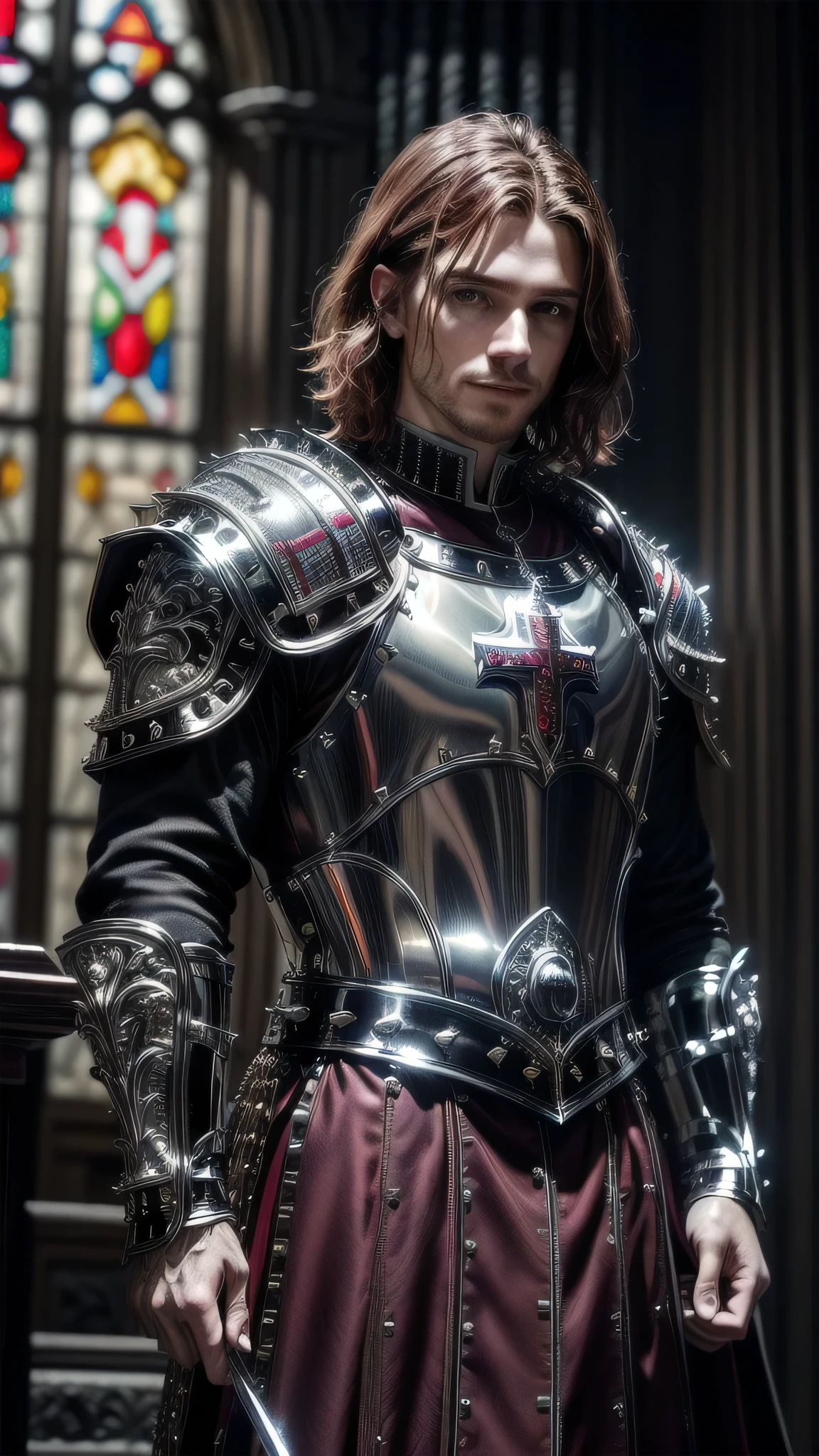 (masterpiece), (extremely intricate:1.3), (realistic), portrait man (((medieval paladin, (((lacquered reflective maroon white armor:1.4, cleric, holy symbol, ((chrome rivets), muscular, masculine, male))), photorealistic, hyper-realistic, smiling, wind blown blowing straight [dark hair:ginger hair:0.5]), tattoo:0.9)), indoor, stained glass, medieval church, intense sunlight, professional photograph, detailed), ((dynamic pose)), sharp focus, dramatic, award winning, cinematic lighting, volumetrics dtx, (film grain, blurry background, blurry foreground, bokeh, depth of field, interaction), 8K