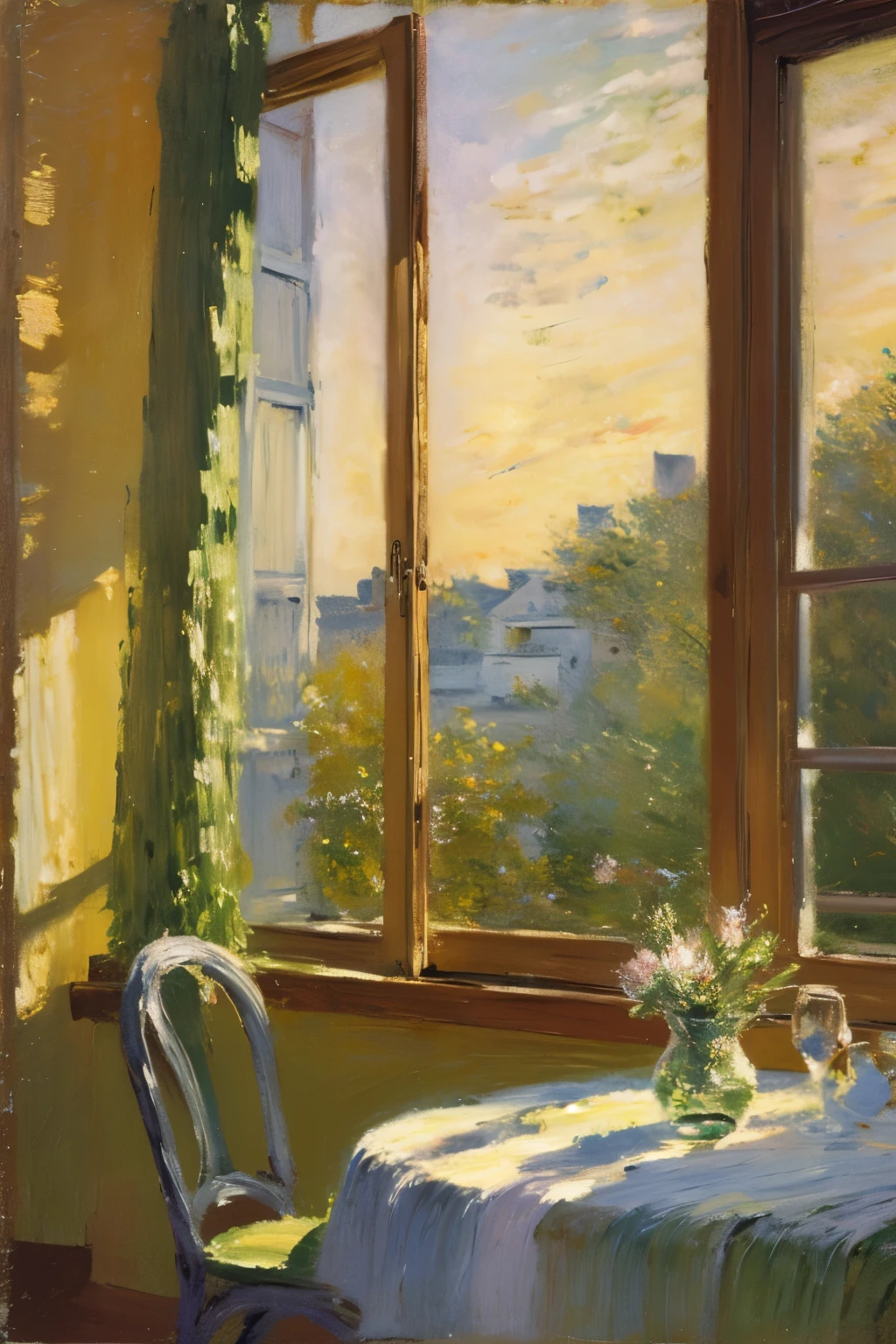 (Masterpiece:1.2), (best quality:1.2), (super high resolution:1.2),
A girl in a white/yellow dress is sitting by the window, holding her chin with one hand, looking out the window, wooden table, wooden chair, tablecloth, window, fluttering curtains, outside the window is a golden rice field, swallows are flying over, table There are several books, pen holders, vases, a cozy atmosphere, impressionist paintings, (style of Claude Monet:1.2)