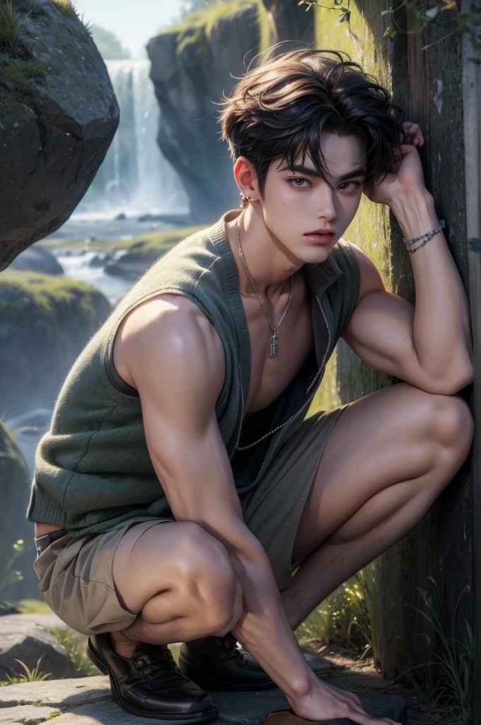 ((Best quality)), ((masterpiece)), (detailed), ((perfect face)), ((halfbody)) handsome face, male, teen boy,  perfect proportions , colorful vibe ((perfect face))arafed male model leaning against rock wearing thong, by Yang J, yanjun chengt, by Yang Jin, inspired by Yanjun Cheng, male art, handsome anime pose, attractive male deity, handsome wearing necklace, bracelet and earrings, with open vest and shoes, japanese demon boy, by Zhou Fang, sakimichan frank franzzeta, by Victor Wang, ig model | artgerm