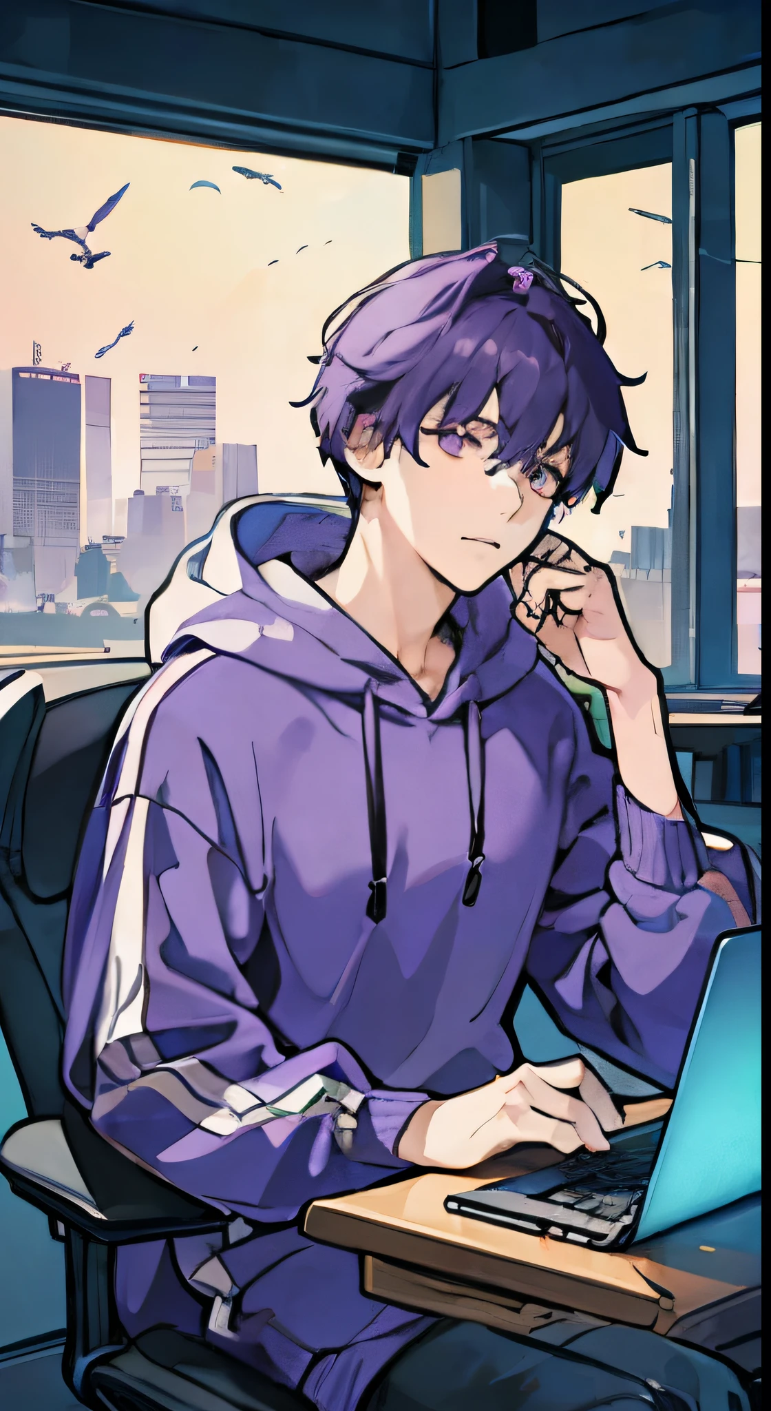 male, Delicate face, Wearing a hoodie, good looking, ,at home,computer,Chair,Sit down,Purple hair,machine