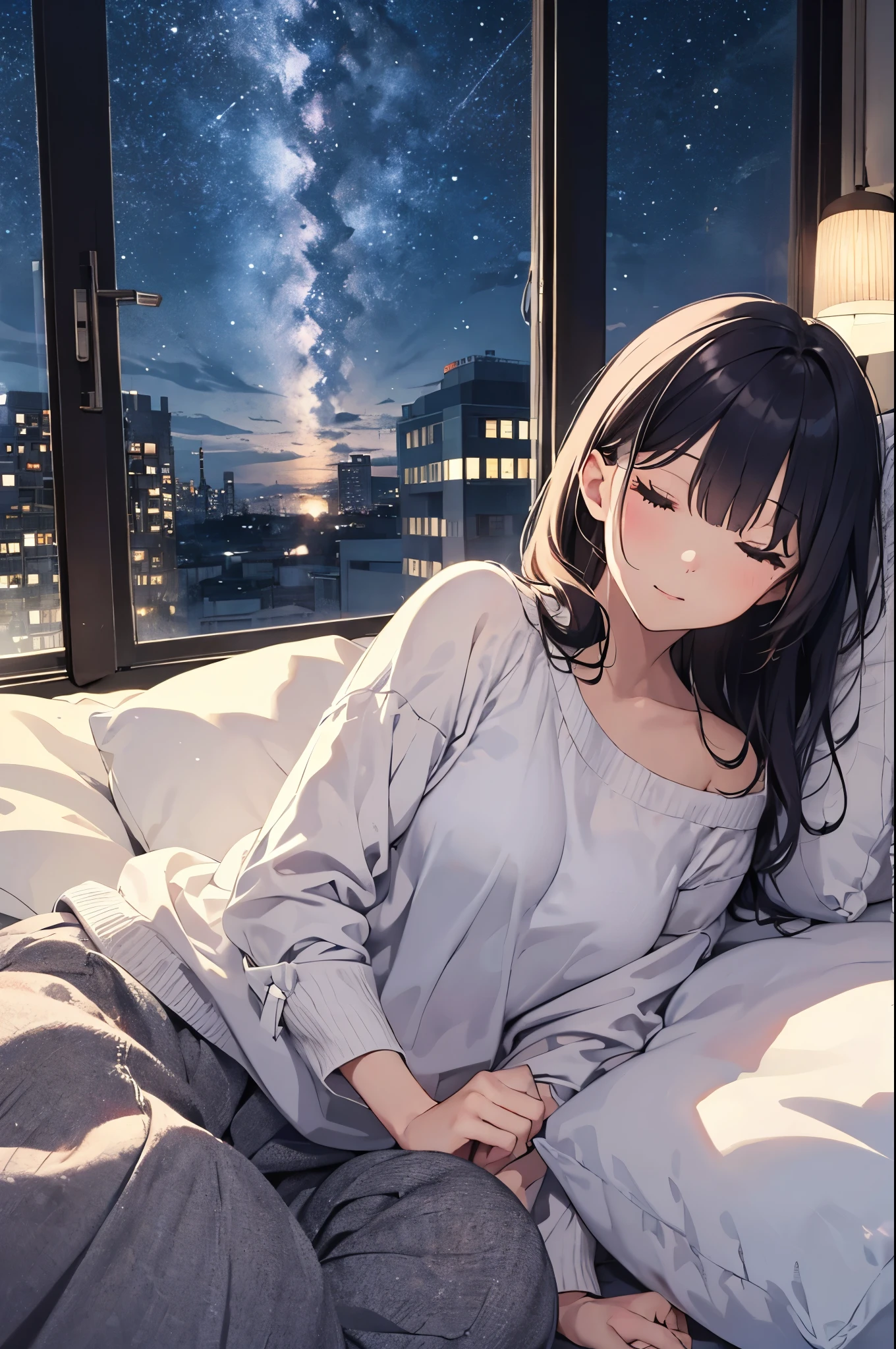 (Pretty sister:1.3)、((Super detailed))、Spring atmosphere、night、Bedroom、On the bed、Are sleeping、Going to bed、輝くnight空、((1 person))