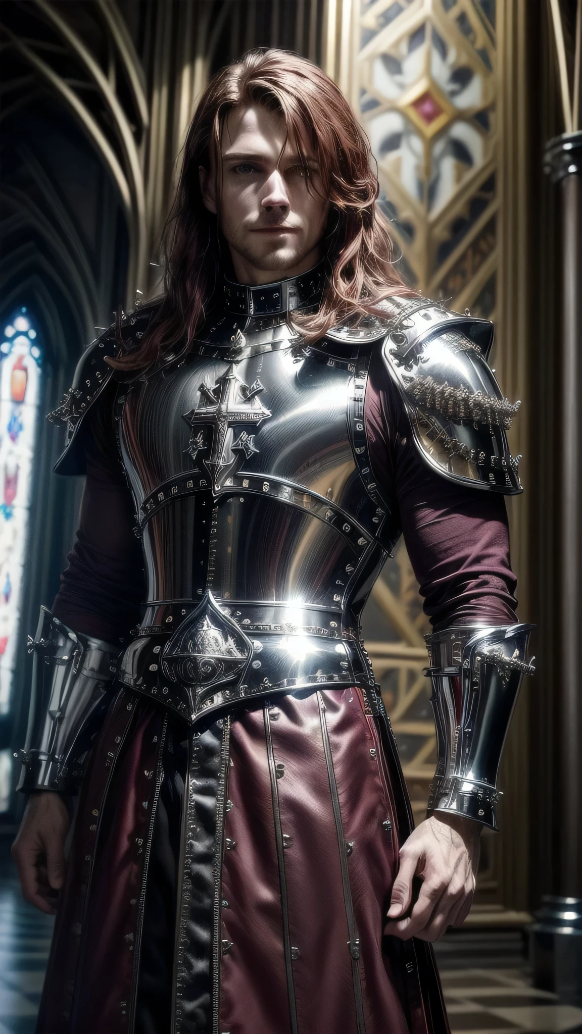 (masterpiece), (extremely intricate:1.3), (realistic), portrait man (((medieval paladin, (((lacquered reflective maroon white armor:1.4, cleric, holy symbol, ((chrome rivets), muscular, masculine, male))), photorealistic, hyper-realistic, smiling, wind blown blowing straight [dark hair:ginger hair:0.5]), tattoo:0.9)), indoor, stained glass, medieval church, intense sunlight, professional photograph, detailed), ((dynamic pose)), sharp focus, dramatic, award winning, cinematic lighting, volumetrics dtx, (film grain, blurry background, blurry foreground, bokeh, depth of field, interaction), 8K