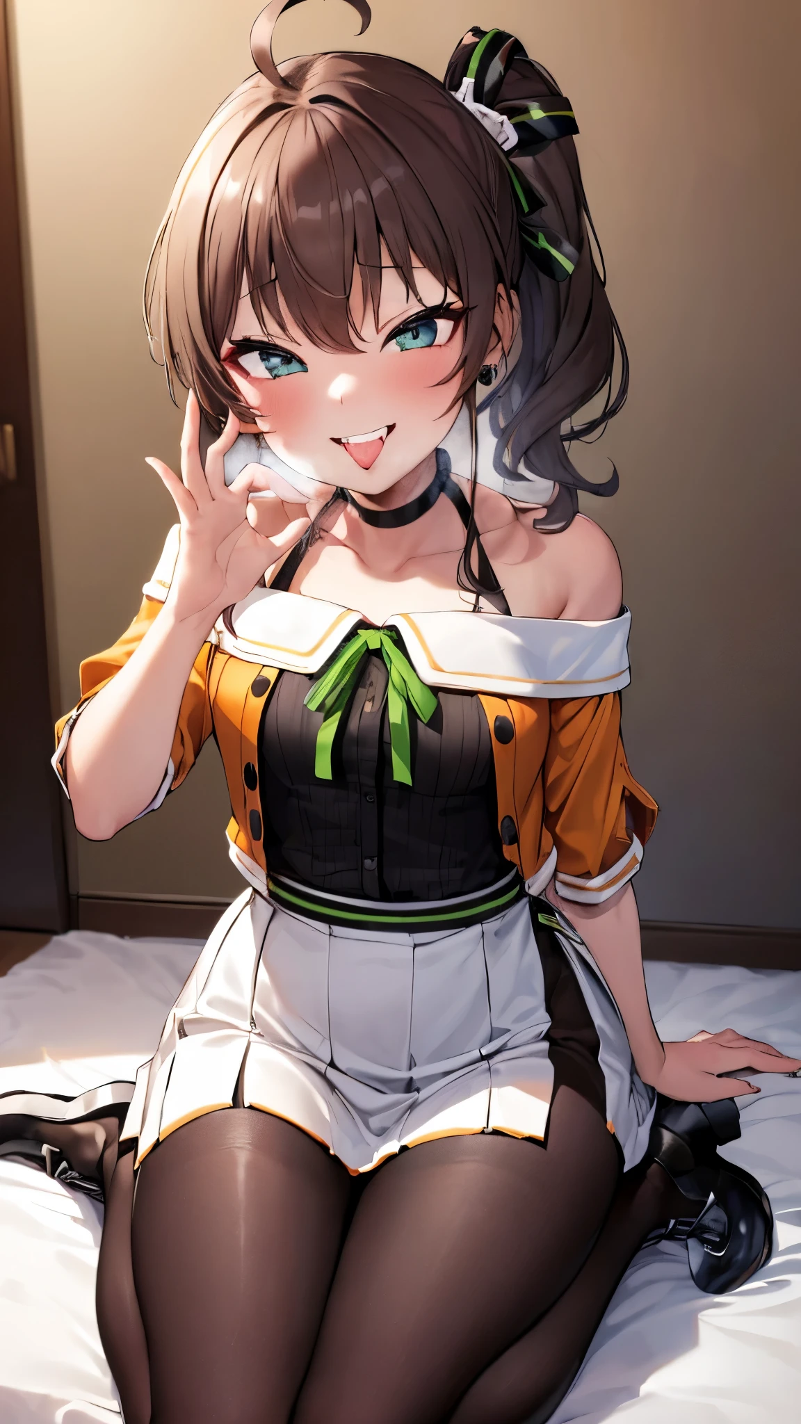 ((((Open your mouth))))、ultra-detailed , best quality, high resolution, master piece ,masterpiece,highest quality,High resolution,Ultra-detailed,bb Festival,meだium hair,skinny,Ahoge,Brown Hair,((((( seductive smile ))))),skinny,(((Her Room))),Hair between the eyes,bangs,Hair Ribbon,Black Choker,Earrings,Black Ribbon,plaiだ shirt,Grey Shirt,shoulだer cutout,Short sleeve,See-through sleeves,Black Skirt,High Waist Skirt,race,(perfect finger) , beautiful fingers,beautiful hands,hold hands,shoes下,(black shoes下:1.4),race trim,shoes,Black footwear,Indoors,(handjob gesture:1.5)、Sitting,Chair,(((heavy breathing ))),