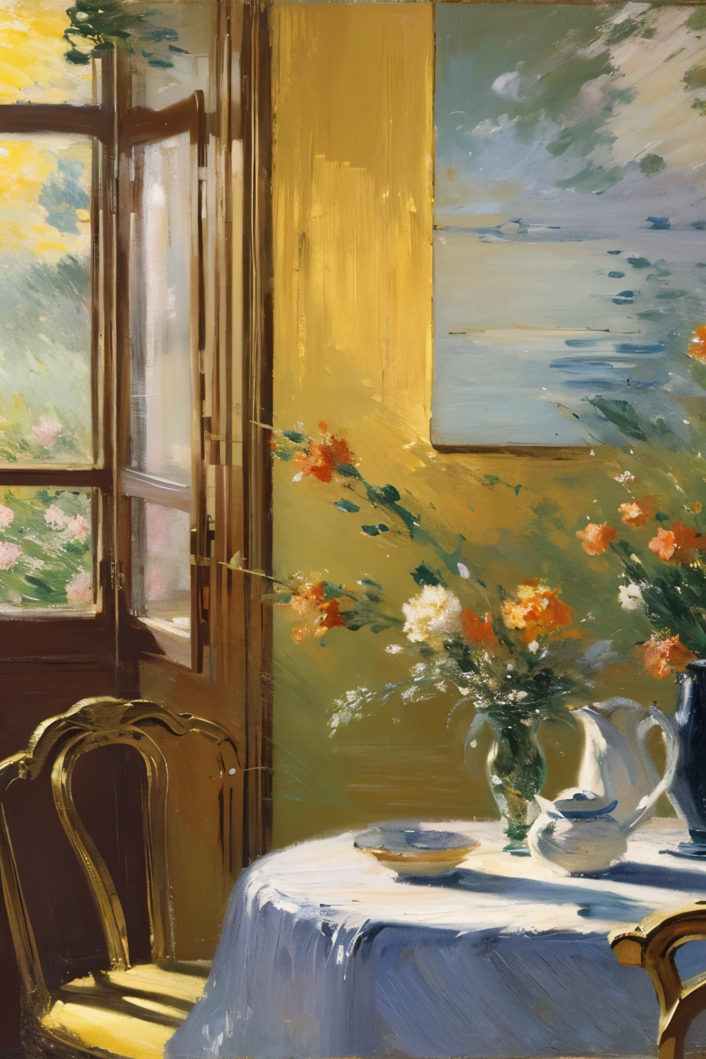 (Masterpiece:1.2), (best quality:1.2), (super high resolution:1.2),
A girl in a white/yellow dress is sitting by the window, holding her chin with one hand, looking out the window, wooden table, wooden chair, tablecloth, window, fluttering curtains, outside the window is a golden rice field, swallows are flying over, table There are several books, pen holders, vases, a cozy atmosphere, impressionist paintings, (style of Claude Monet:1.2)