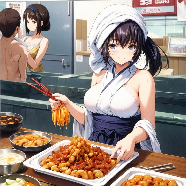 A woman with a towel wrapped around her head making large quantities of tteokbokki at a Korean food stall　　Tight clothing　highest quality