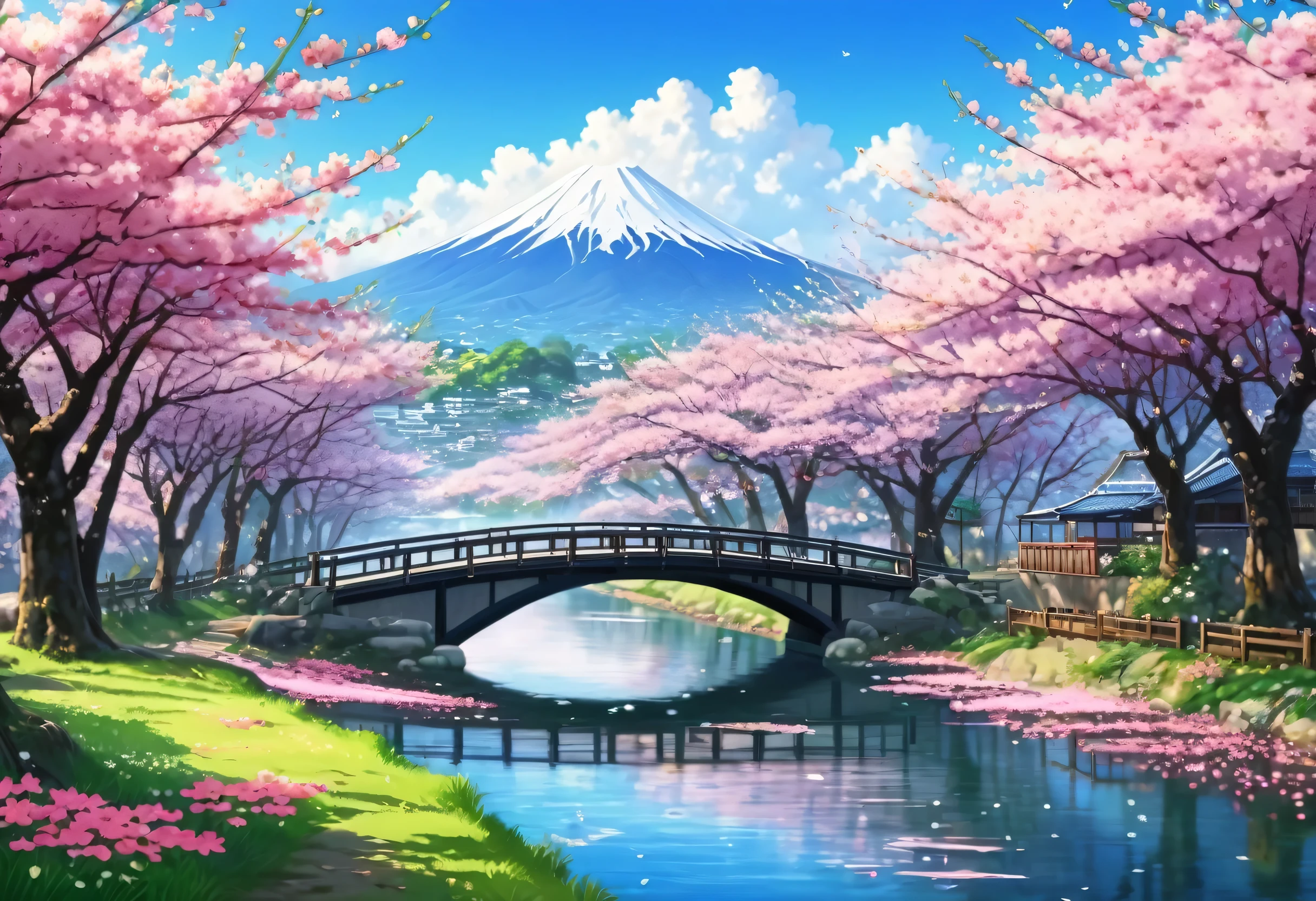 Painting of a river with pink flowers and a bridge, Beautiful Art UHD 4K, Detailed painting 4k, cherry blossomsの森, cherry blossomsの木, Beautiful peaceful scene in anime, Landscape painting, Landscape painting details, 4K Highly Detailed Art, cherry blossomsの木, cherry blossoms, Japanese Landscape, sakura season, Highly detailed digital art in 4K, Amazing artwork in 8K