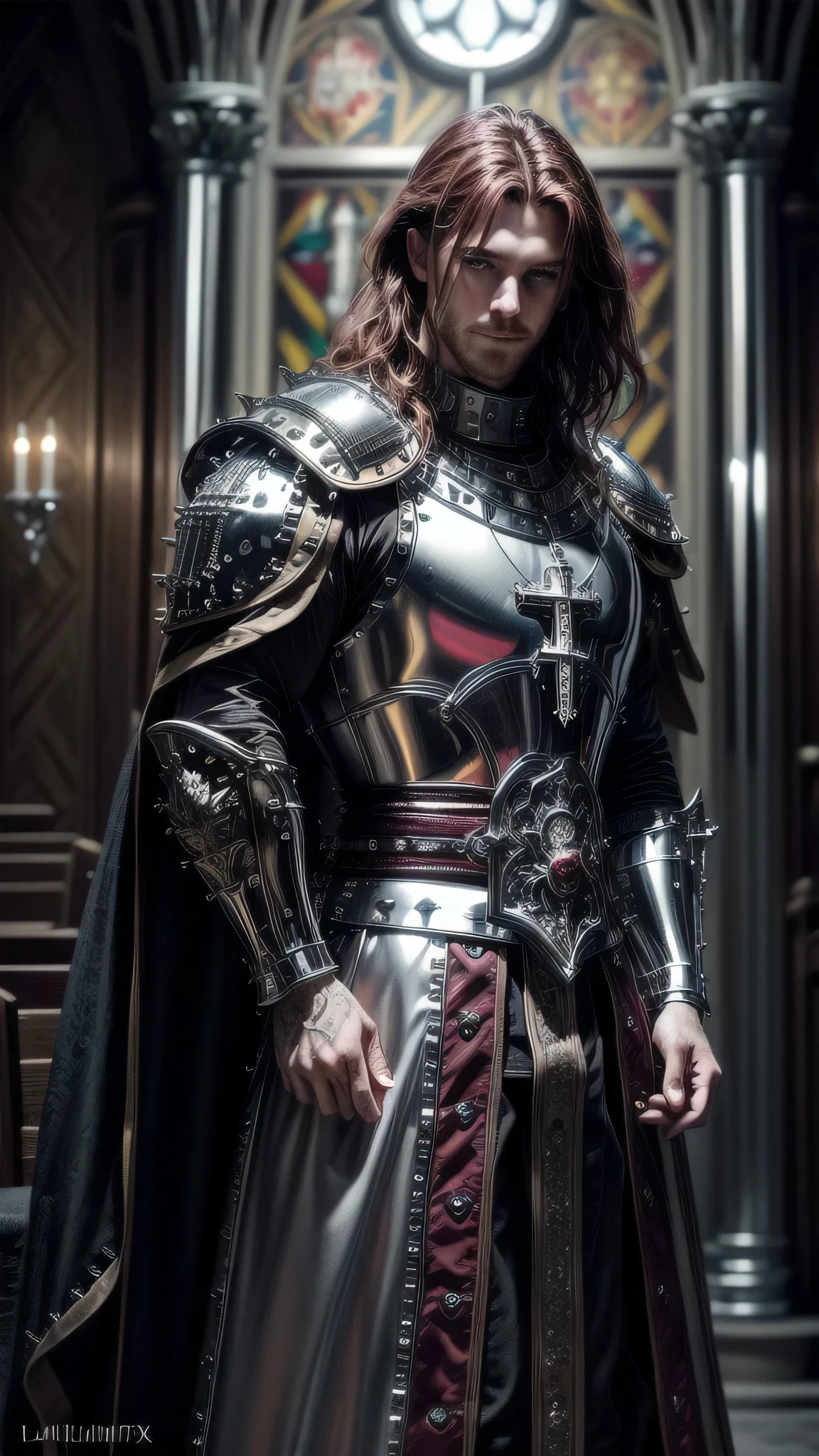 (masterpiece), (extremely intricate:1.3), (realistic), portrait man (((medieval paladin, (((lacquered reflective maroon white armor:1.4, cleric, holy symbol, ((chrome rivets), muscular, masculine, male))), photorealistic, hyper-realistic, smiling, wind blown blowing straight [dark hair:ginger hair:0.5]), tattoo:0.9)), indoor, stained glass, medieval church, intense sunlight, professional photograph, detailed), ((dynamic pose)), sharp focus, dramatic, award winning, cinematic lighting, volumetrics dtx, (film grain, blurry background, blurry foreground, bokeh, depth of field, interaction), 8K