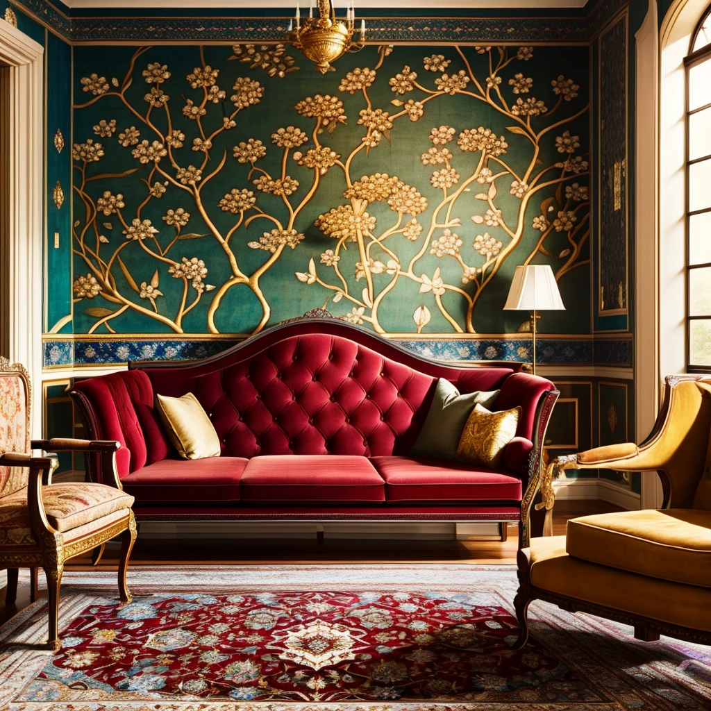 A Symphony of Textures and Hues
The walls, adorned with rich damask wallpaper or hand-painted murals, whisper tales of grandeur. Beneath your feet, a plush Persian rug, its intricate patterns woven with threads of silk and gold, pampers your every step. Antique tapestries, their faded colors hinting at a bygone era, adorn the walls, adding depth and character to the space.
Furnishings of Unparalleled Elegance
A centerpiece of the room is a grand Chesterfield sofa, its deep, tufted cushions inviting you to sink into its luxurious embrace. Armchairs, upholstered in velvet or fine leather, flank the sofa, their elegant lines mirroring the room's refined aesthetic. A mahogany coffee table, its polished surface reflecting the soft glow of crystal chandeliers, serves as a focal point, while antique side tables, each a unique piece of craftsmanship, add touches of charm and character.