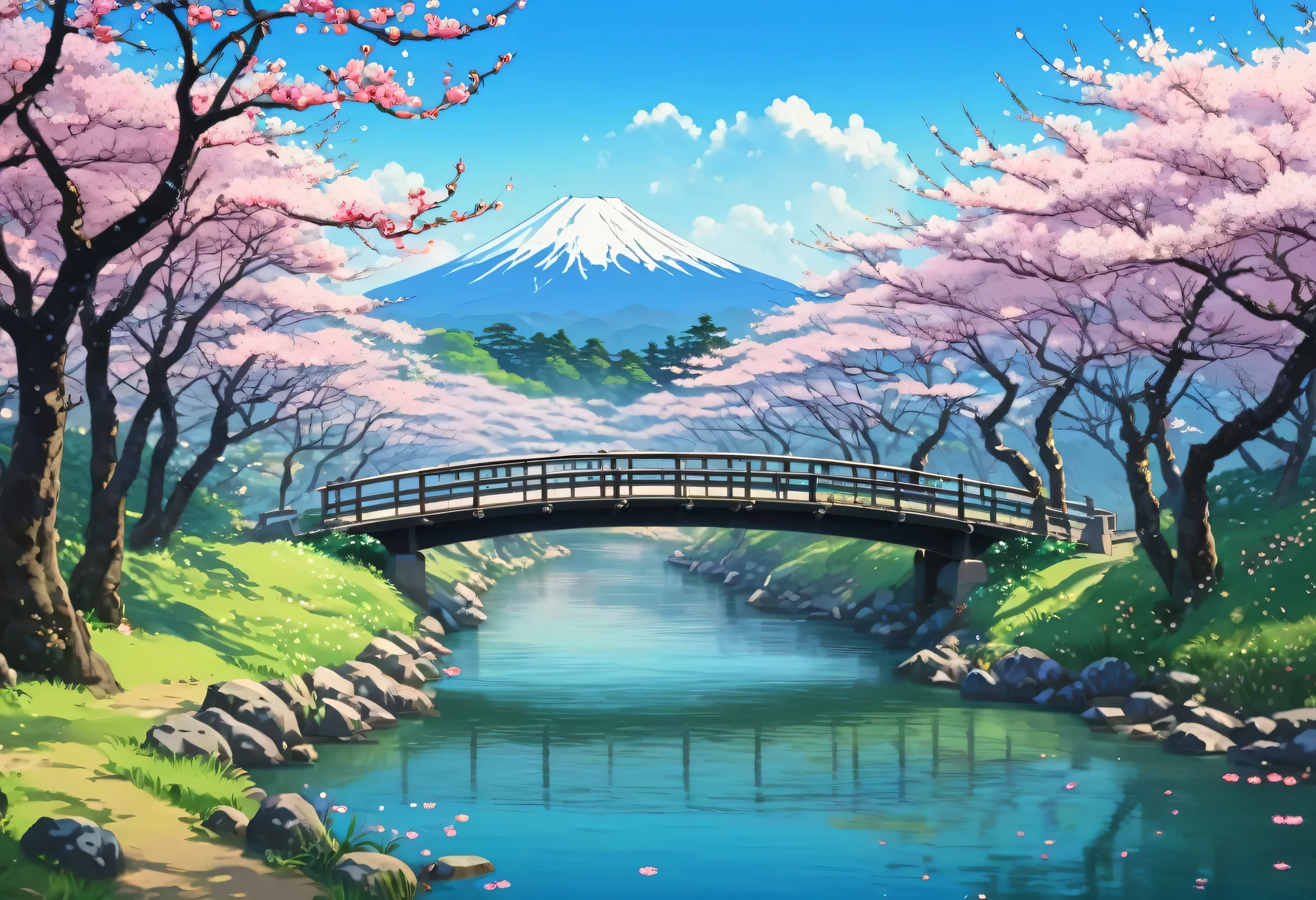 Painting of a river with pink flowers and a bridge, Digital painting inspired by Rensui Kawase, Trending on Shutterstock, ukiyo-e, Beautiful Art UHD 4K, Detailed painting 4k, Cherry Blossom Forest, Cherry tree, Beautiful peaceful scene in anime, Landscape painting, Landscape painting details, 4K Highly Detailed Art, Cherry tree, Japanese Landscape