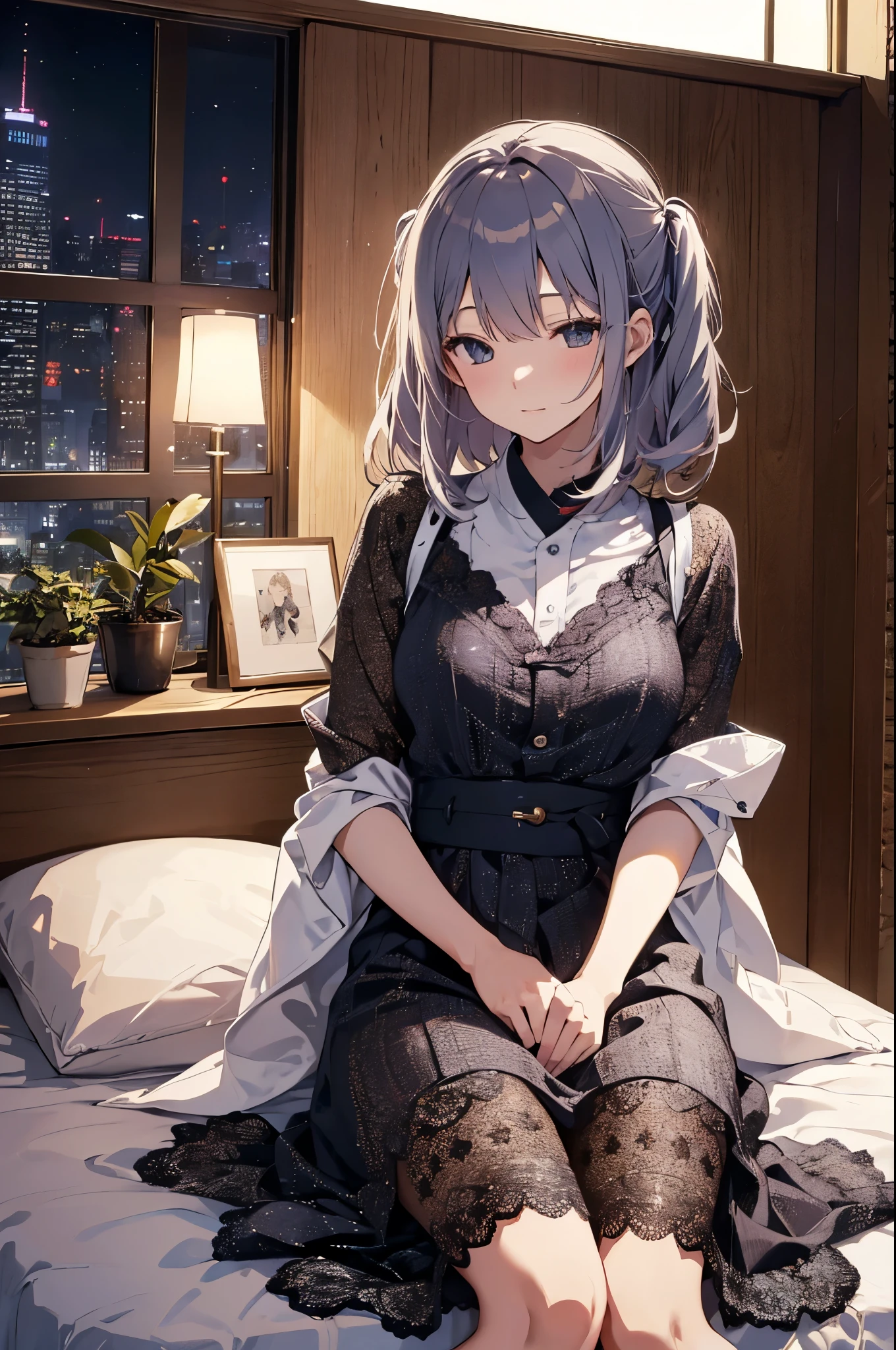 （Pretty sister:1.3）、((Super detailed))、night、Bedroom、On the bed、Are sleeping、Going to bed、輝くnight空、((1 person))