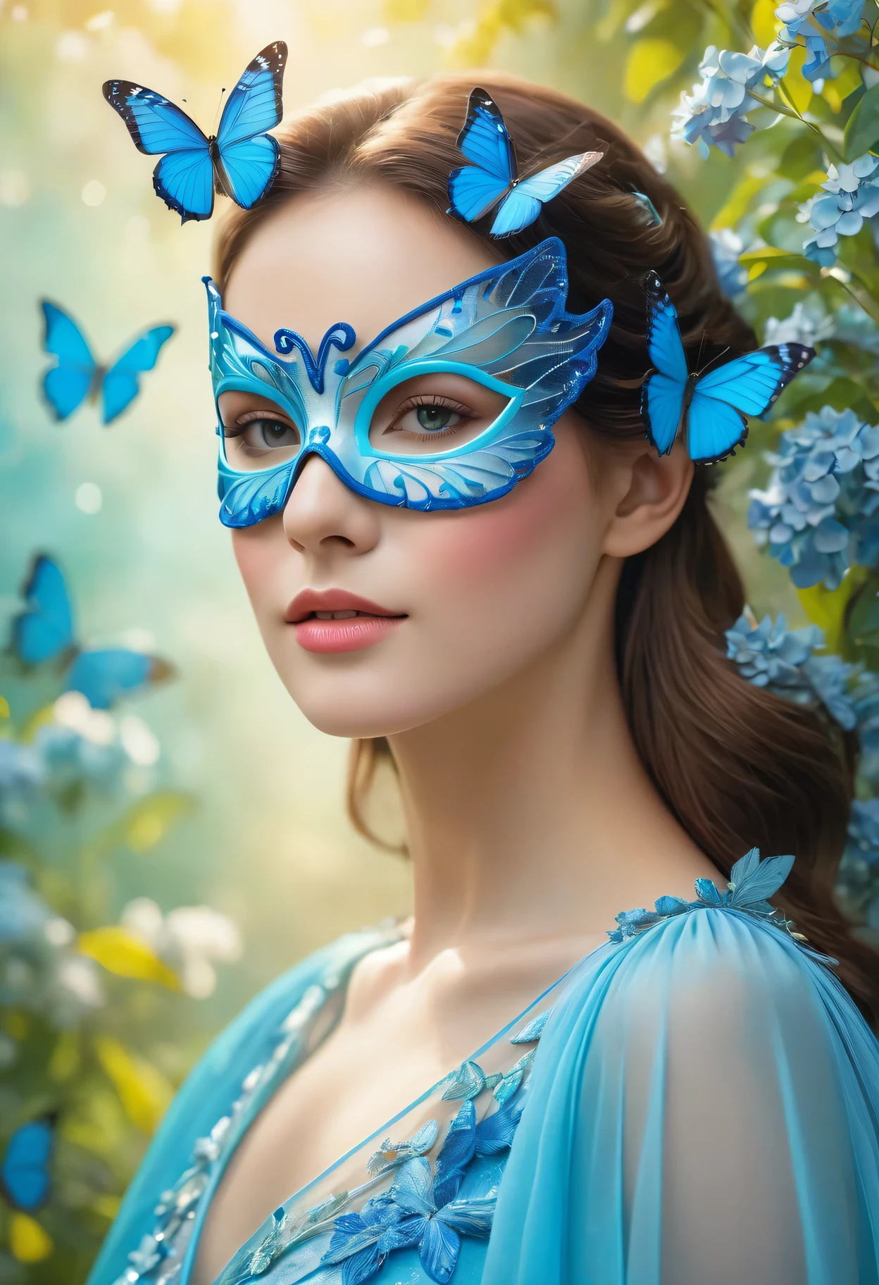 A woman wearing a blue butterfly mask，Portrait close-up，Pastel colors，Nature inspired background，Vibrant Garden，Soft sunlight，Beautiful dress，Subtle texture，Ethereal atmosphere，fantasy，（Best quality，4k，8k，masterpiece：1.2），Ultra Detail，（lifelike，Photo lifelike，Photo real：1.37）