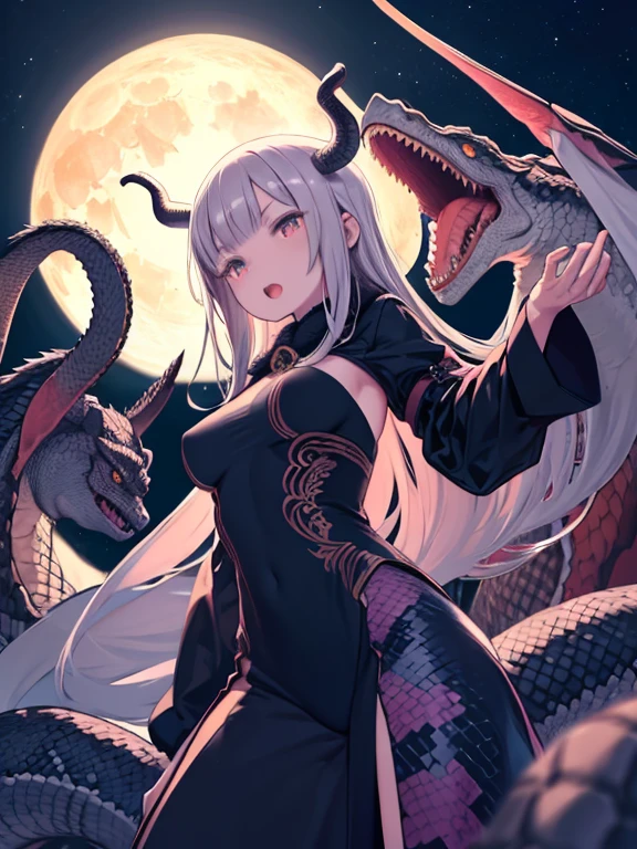 masterpiece、highest quality、High resolution、Very detailed、Medium wide shot、Cowboy Shot、Dragon、snake、Reptiles、Has multiple heads、disaster々Shii、Huge body、Angle from below、Open Mouth、Glowing Eyes、night、full moon、