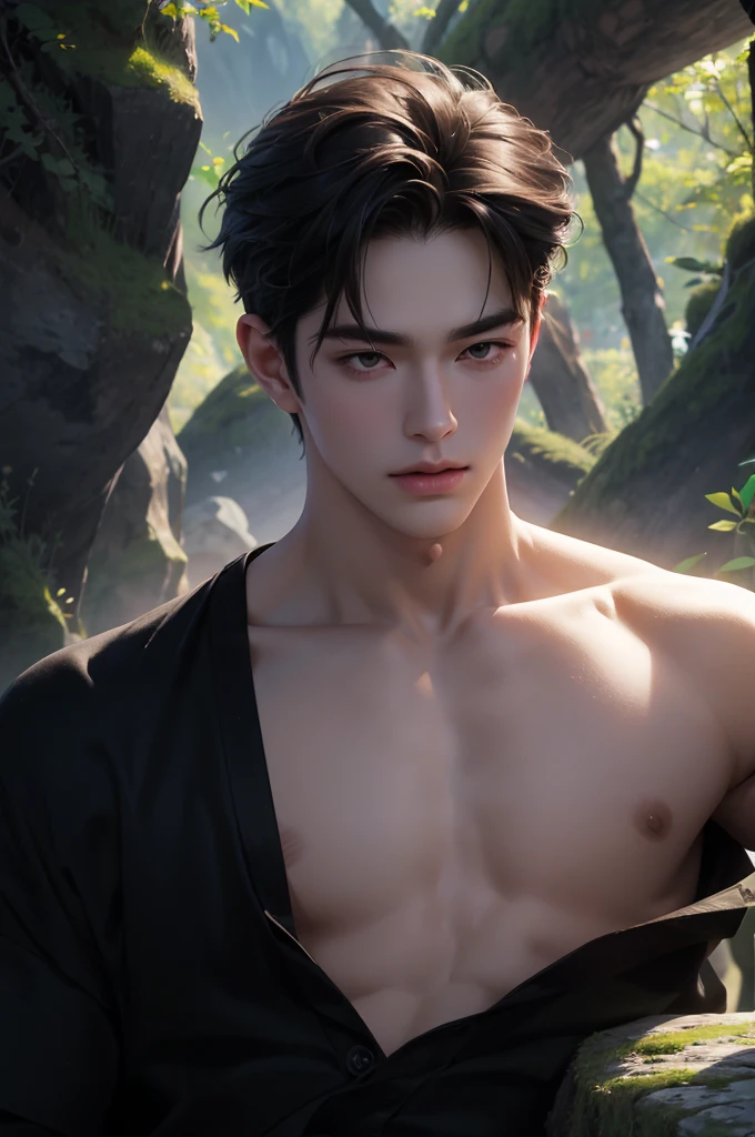 ((Best quality)), ((masterpiece)), (detailed), ((perfect face)), ((halfbody)) handsome face, male,  boy,  perfect proportions , colorful vibe ((perfect face))arafed male model leaning against rock wearing thong, by Yang J, yanjun chengt, by Yang Jin, inspired by Yanjun Cheng, male art, handsome anime pose, attractive male deity, handsome japanese demon boy, by Zhou Fang, sakimichan frank franzzeta, by Victor Wang, ig model | artgerm