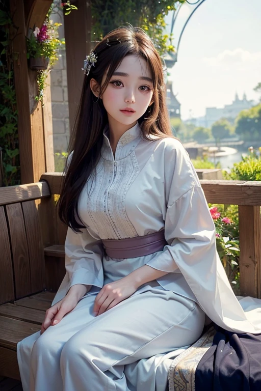 ((highest quality)), ((masterpiece)), (detailed), Perfect Face, Generate an image of a woman with features reminiscent of Kanna Hashimoto. She should have large, round, and bright eyes that convey a sense of purity and curiosity. Her eyebrows are naturally arched, contributing to her gentle expression. The nose is small and delicate, highlighting her enchanting appeal. Her lips are plump and tender, reflecting a warm smile. The skin should be clear and radiantly healthy, and her hair soft, flowing naturally to accentuate her elegance. The AI-generated image aims to capture Hashimoto's exquisite beauty, innocence, and natural charm