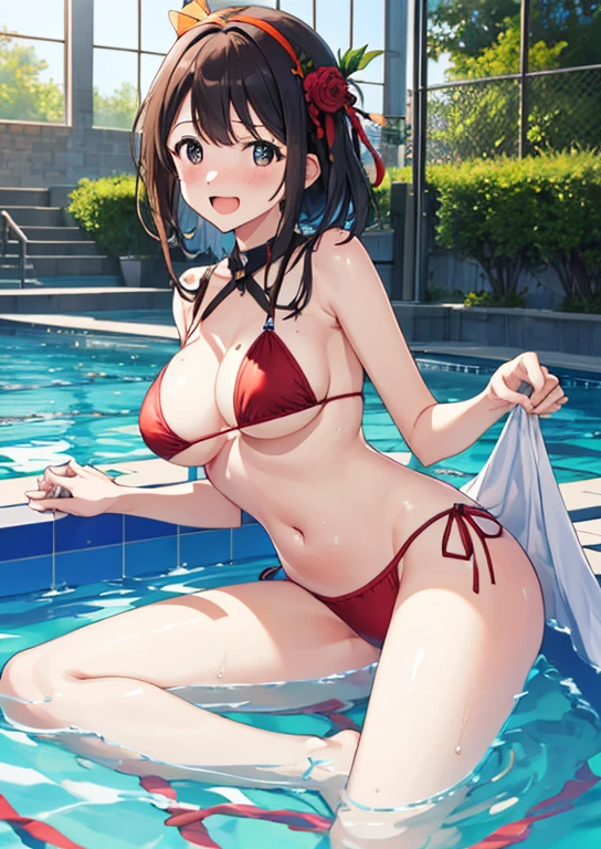 Mirai Kasuga, (highest quality, 8k, masterpiece, Very detailed:1.2), (Lens flare, Particles of light, Shine), Big Breasts, smile, Open your mouth, masterpiece, highest quality, Very detailed, High resolution, Very detailedなCG, (Official Art), Red Bikini , (Spread your legs),Lift your legs, (Embarrassing:1.1), (blush:1.2), Open your mouth, (shout:1.1), (Moving lines:1.1), Midsummer Pool