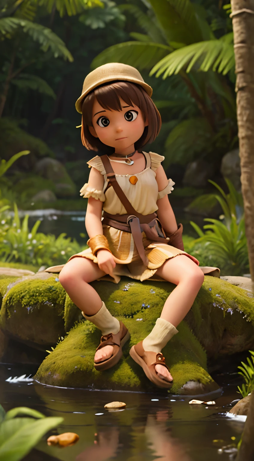 Cute girl. Adventurer girl Stone Age clothes, Sit by the river , middle of tropical forest,masterpiece,UHD, hd detailed