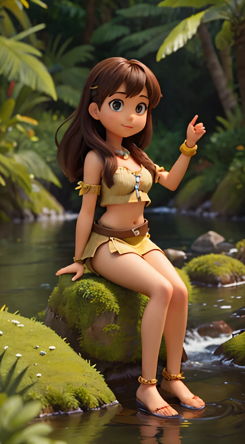 Cute girl. Adventurer girl Stone Age clothes, Sit by the river , middle of tropical forest,masterpiece,UHD, hd detailed