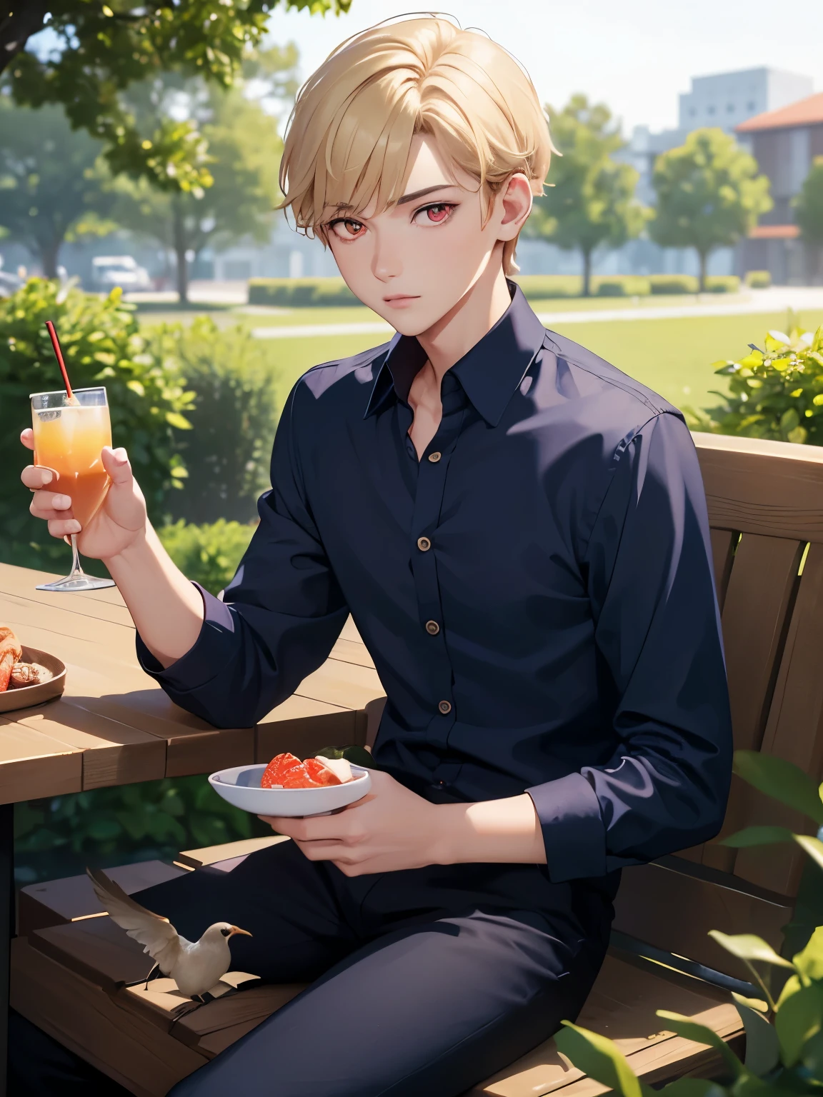 1boy,handsome,,Sitting, Holding alcoholic drinks,Looking at the birds,half body photo,Perfect face, HD face, ultra detailed face, short hair,two block hairstyle, blonde hair,blue shirt, top buttons openng sleeve shirt,, black trousers, bright red eyes,red eyes,ultra detailed, ultra HD
