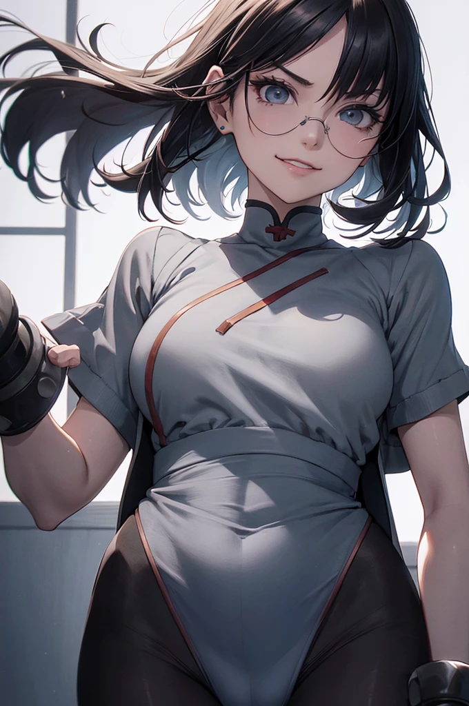 juri han,solo, masterpiece, best quality, agrias, grey sweater, black leotard, standing, looking at viewer, short hair,oculos,evil smile, evil look,luvas preta,roupa azul,yandere rosto,low lighting,coxa sarada copo detalhado,olhando para frente