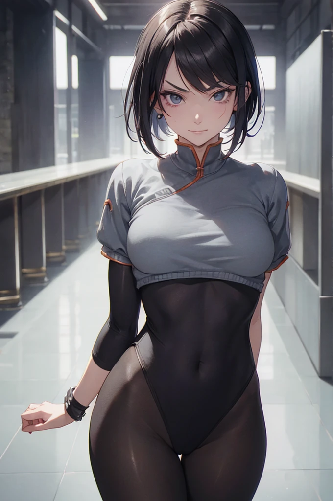 juri han,solo, masterpiece, best quality, agrias, grey sweater, black leotard, standing, looking at viewer, short hair,oculos,evil smile, evil look,luvas preta,roupa azul,yandere rosto,low lighting,coxa sarada copo detalhado,olhando para frente