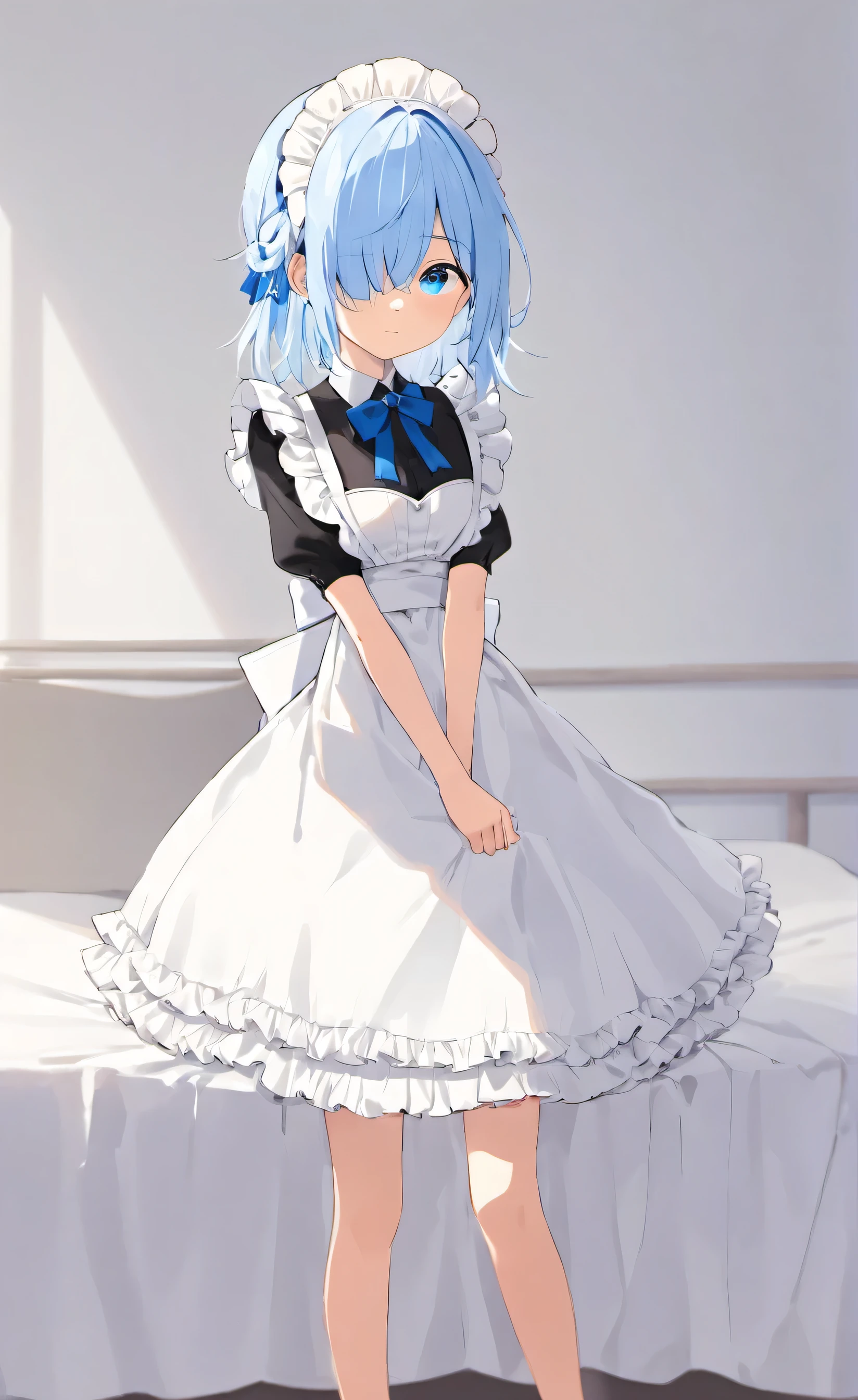 Describe Rimuru Tempest with bright blue eyes, a face that exudes calmness yet wisdom, light blue hair styled slightly messy yet cool, a slender body with a captivating physique, standing at around 170 cm tall, dressed in an elegant maid outfit with blue accents that complement their eye color, lying relaxed on the bed with an expression of surrender yet a hint of shyness.