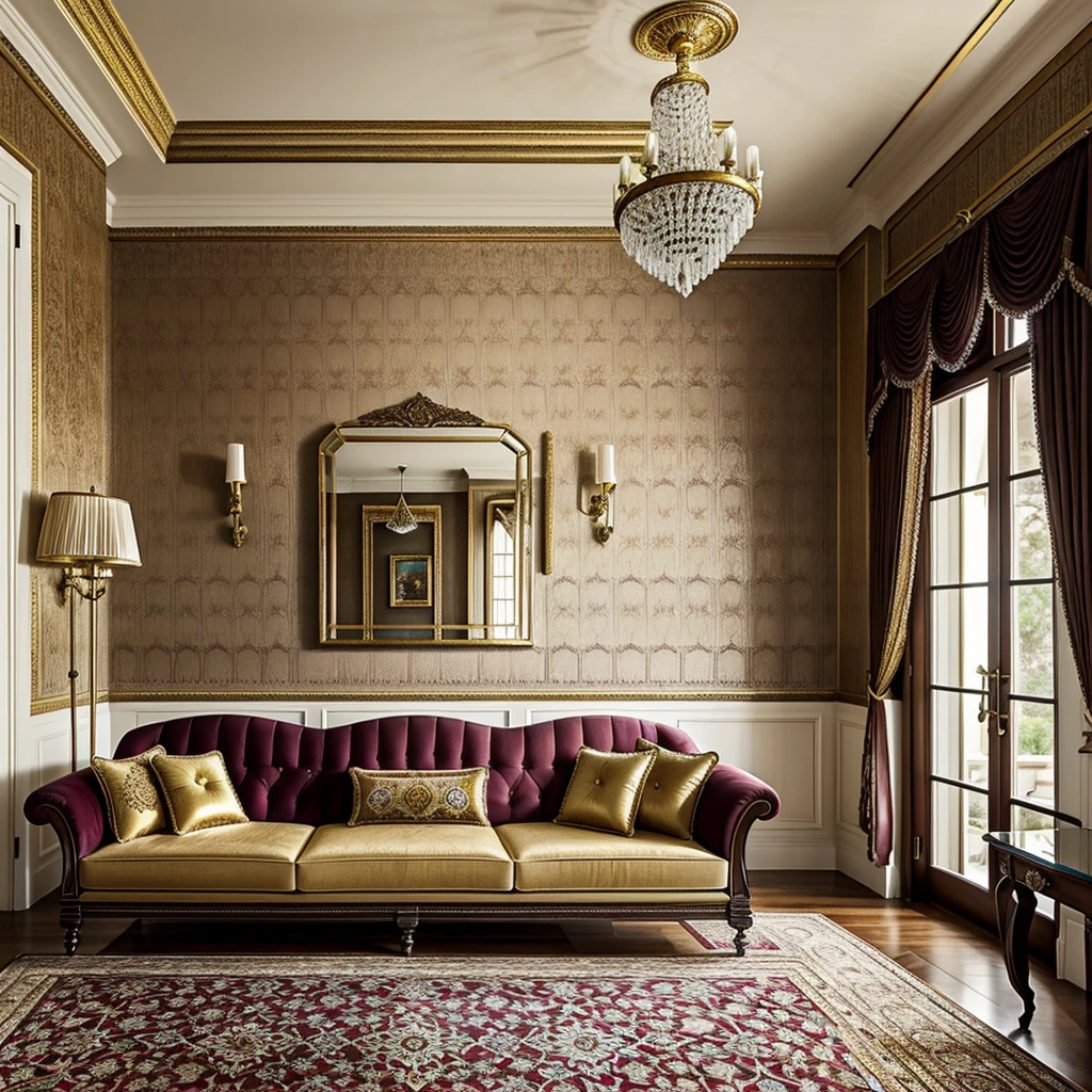 A Symphony of Textures and Hues
The walls, adorned with rich damask wallpaper or hand-painted murals, whisper tales of grandeur. Beneath your feet, a plush Persian rug, its intricate patterns woven with threads of silk and gold, pampers your every step. Antique tapestries, their faded colors hinting at a bygone era, adorn the walls, adding depth and character to the space.
Furnishings of Unparalleled Elegance
A centerpiece of the room is a grand Chesterfield sofa, its deep, tufted cushions inviting you to sink into its luxurious embrace. Armchairs, upholstered in velvet or fine leather, flank the sofa, their elegant lines mirroring the room's refined aesthetic. A mahogany coffee table, its polished surface reflecting the soft glow of crystal chandeliers, serves as a focal point, while antique side tables, each a unique piece of craftsmanship, add touches of charm and character.