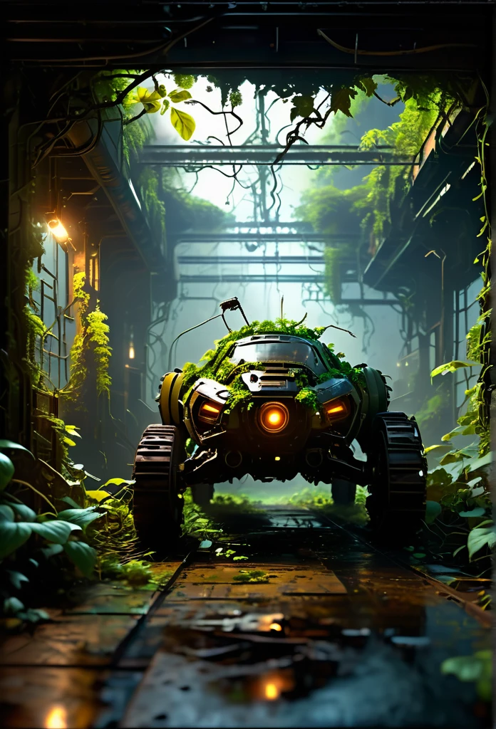 An abandoned mech,rusty,overgrown with vines,fading paint,dilapidated condition,ominous aura,dark and eerie,post-apocalyptic scenery,wildlife reclaiming the space,detail excellence,masterpiece:1.2,ultra-detailed,realistic:1.37,HDR,UHD,studio lighting,sharp focus,professional,desolate atmosphere,sci-fi concept,ominous color palette,mysterious shadows,evocative lighting.
