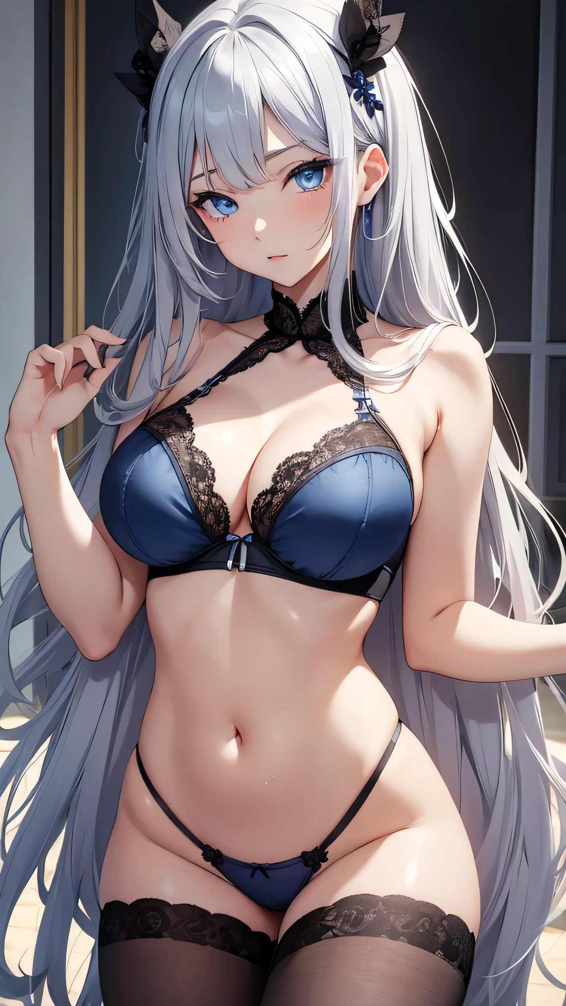 beautiful girl, Gray Hair, blue eyes,blue eyes,Black underwear with white lace, Big Breasts、to close range